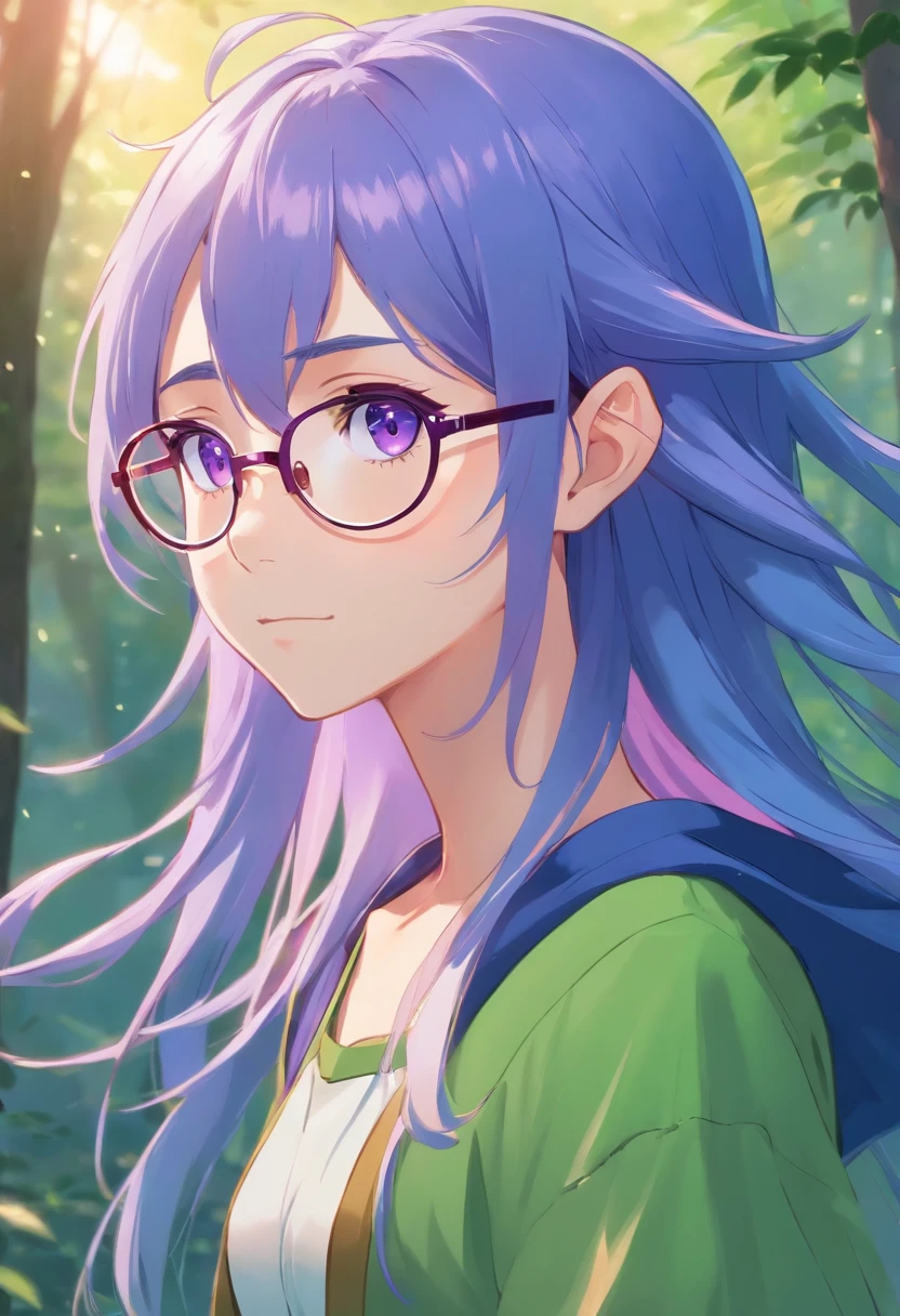 Japanese young elf guy with long blue hair and purple eyes, wears glasses, looks like a girl, Flat Breast