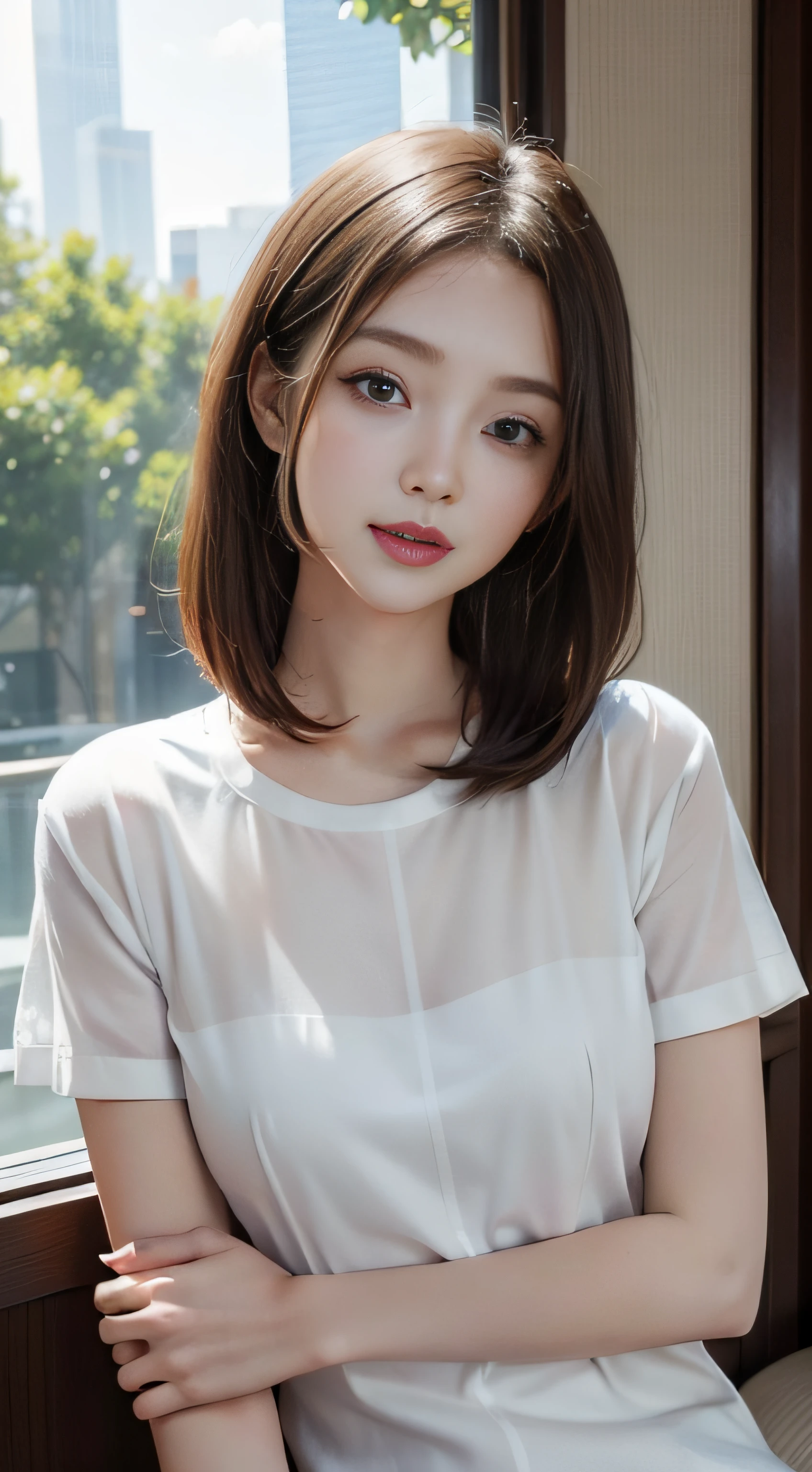 (a girl,beautiful detailed eyes,beautiful detailed lips,extremely detailed eyes and face,long eyelashes,smooth skin,white teeth,dimpled smile,black hair flowing to the chest,white fair skin,wearing a white short-sleeved top,tall and slender)⇒
(best quality,4k,8k,highres,masterpiece:1.2),ultra-detailed,(realistic,photorealistic,photo-realistic:1.37),HDR,UHD,studio lighting,ultra-fine painting,sharp focus,physically-based rendering,professional,vivid colors,bokeh,portraits