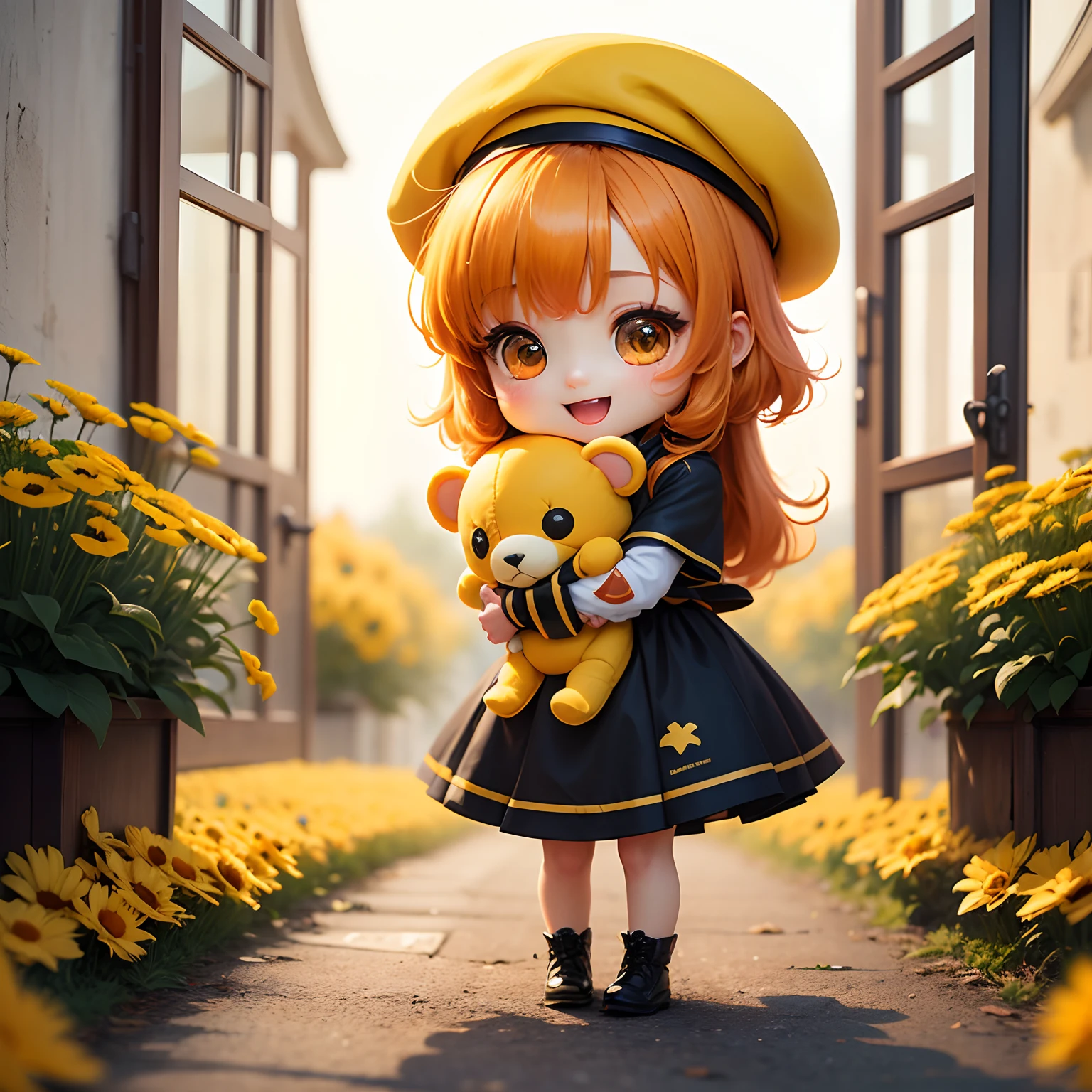 masterpiece、top-quality、ultra-detailliert、(Chibi Chara's Daughter:1.2)、Open your mouth and smile、Orange hair color、Yellow beret、wraith、Orange and yellow marguerite fields、Hugging a yellow stuffed animal、Standing、