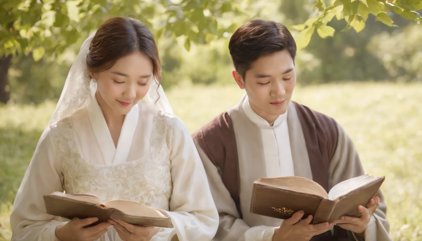 (Best Quality,Ultra-detailed,realisitic:1.37),portrait of a,Korean men and women reading the Bible,Oil Painting,Cathedral attire, View of the cathedral in the distance,Peaceful garden scene,Soft sunlight,tranquil expression,wisdom,Bible Quotes,vibrant colours,delicate brushwork,subtle textures,lush greenery,Contemplative atmosphere,Beautiful picture book,Highlighted features:Eyes in focus,gentle smiling,Graceful posture,Sunlight shining through the trees,rays,Quiet surroundings,serene ambiance,A Blessed Moment