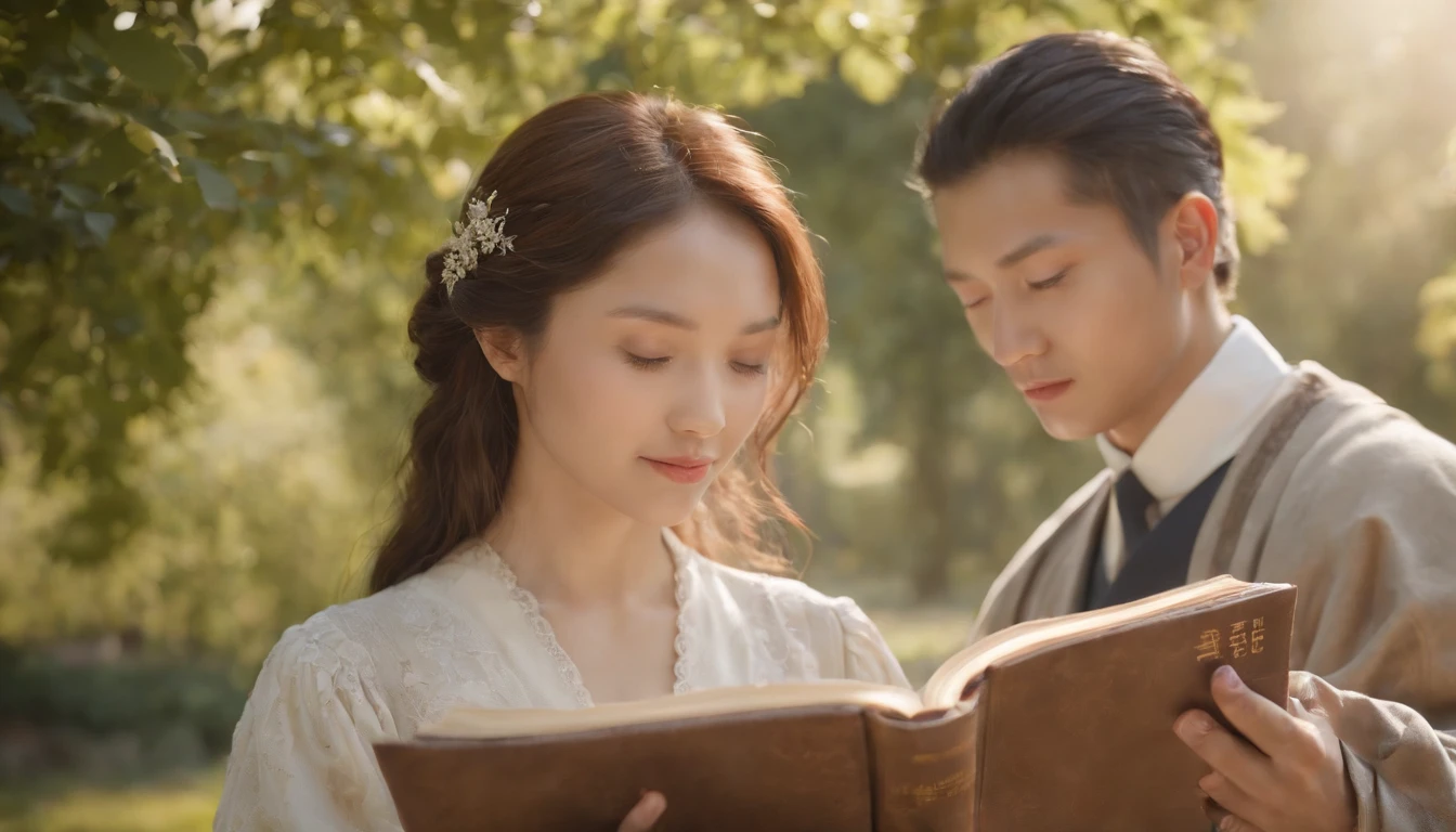 (Best Quality,Ultra-detailed,realisitic:1.37),portrait of a,Korean men and women reading the Bible,Oil Painting,Cathedral attire, View of the cathedral in the distance,Peaceful garden scene,Soft sunlight,tranquil expression,wisdom,Bible Quotes,vibrant colours,delicate brushwork,subtle textures,lush greenery,Contemplative atmosphere,Beautiful picture book,Highlighted features:Eyes in focus,gentle smiling,Graceful posture,Sunlight shining through the trees,rays,Quiet surroundings,serene ambiance,A Blessed Moment