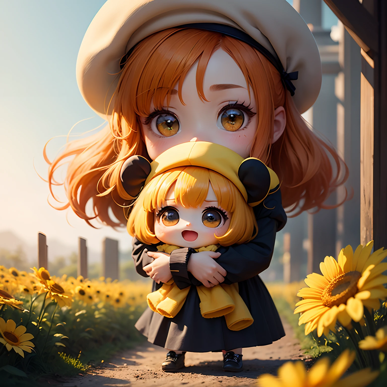 masterpiece、top-quality、ultra-detailliert、(Chibi Chara's Daughter:1.2)、Open your mouth and smile、Orange hair color、Yellow beret、wraith、Orange and yellow marguerite fields、Hugging a yellow stuffed animal、Standing、