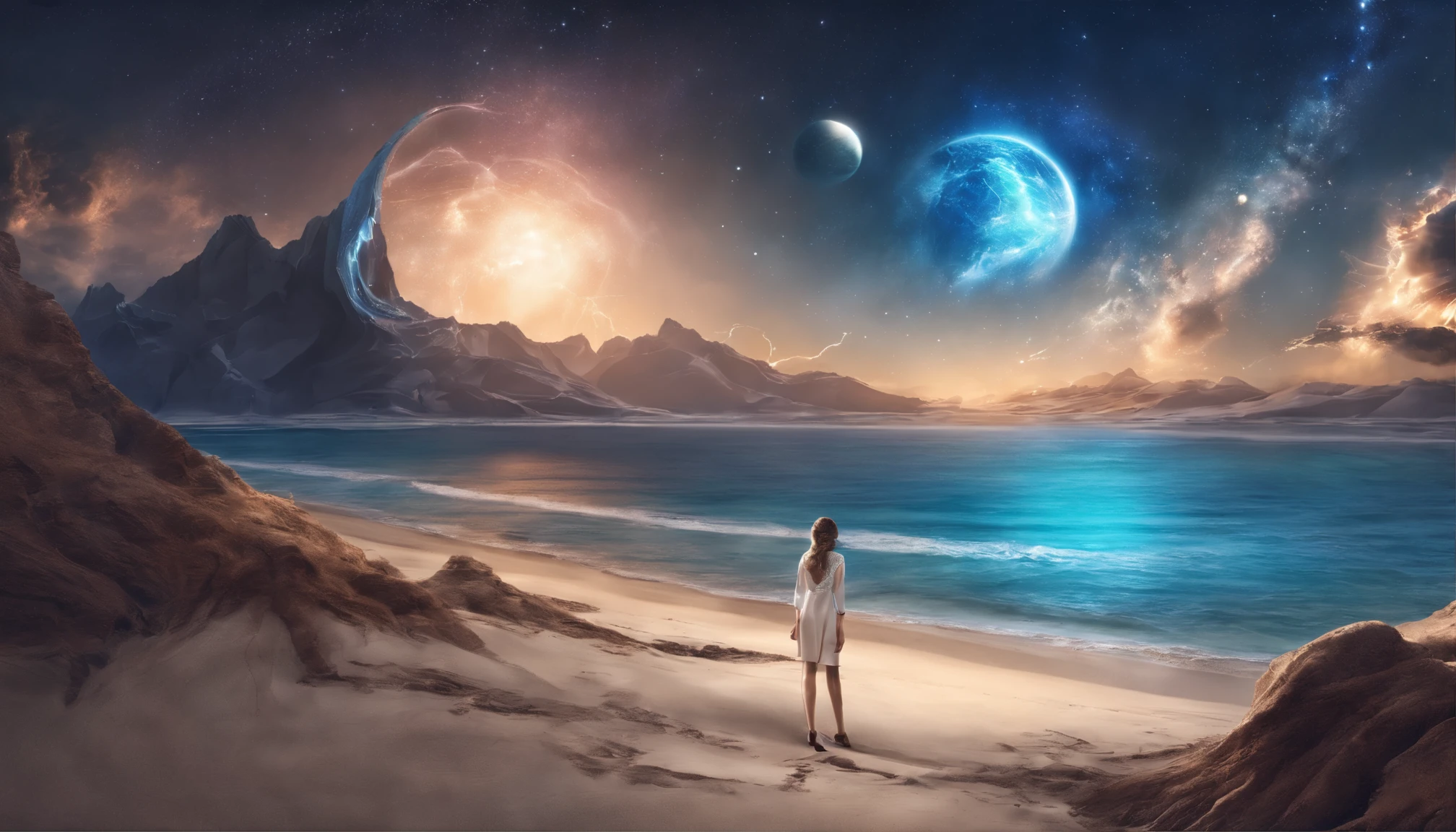 huge planet, the night, starrysky, surrealism, masutepiece, hight resolution、Impressive Milky Way:1.9、sand beach、Vast blue ocean、Blue glacier、lightning bolt:1.9、Protoplanets、Beautuful Women