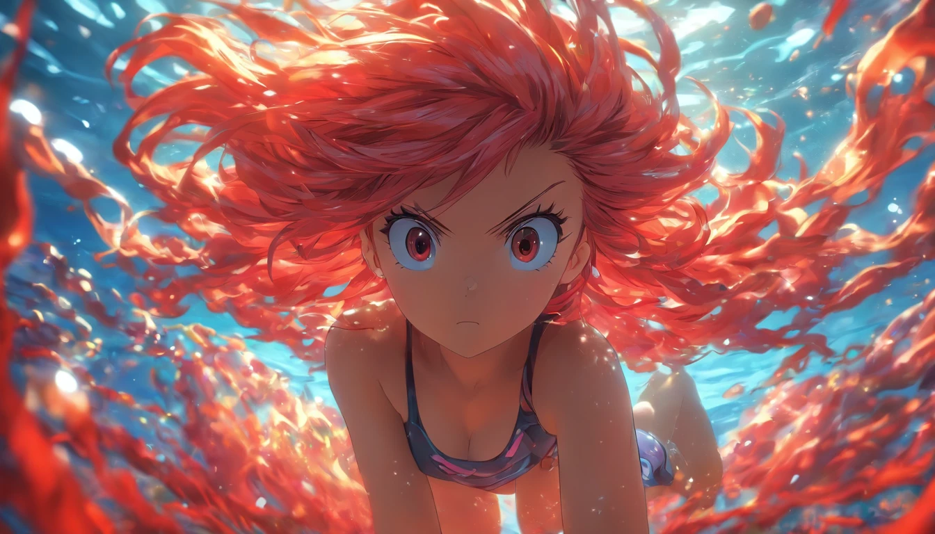 foreshortening, profundidade de campo, master part, best quality, 1girl, red hairs, olhos castanhos, cabelos longos , underwater, bolha de ar, sozinho, Olhando para o Viewer, school school swimsuit, swimming, luz solar fraca, roupa estilosa de couro preto com detalhes intricados em vermelho