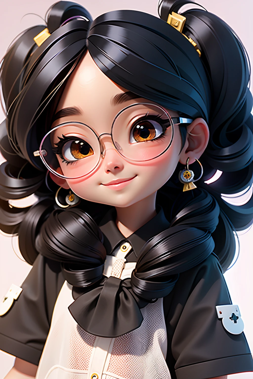 Loli cute girl Negra, hair stuck, Loose hair, Modern accessories , eye glass, A detailed eye, detailed smile, Detaileddetails, holograph, Clear and simple background