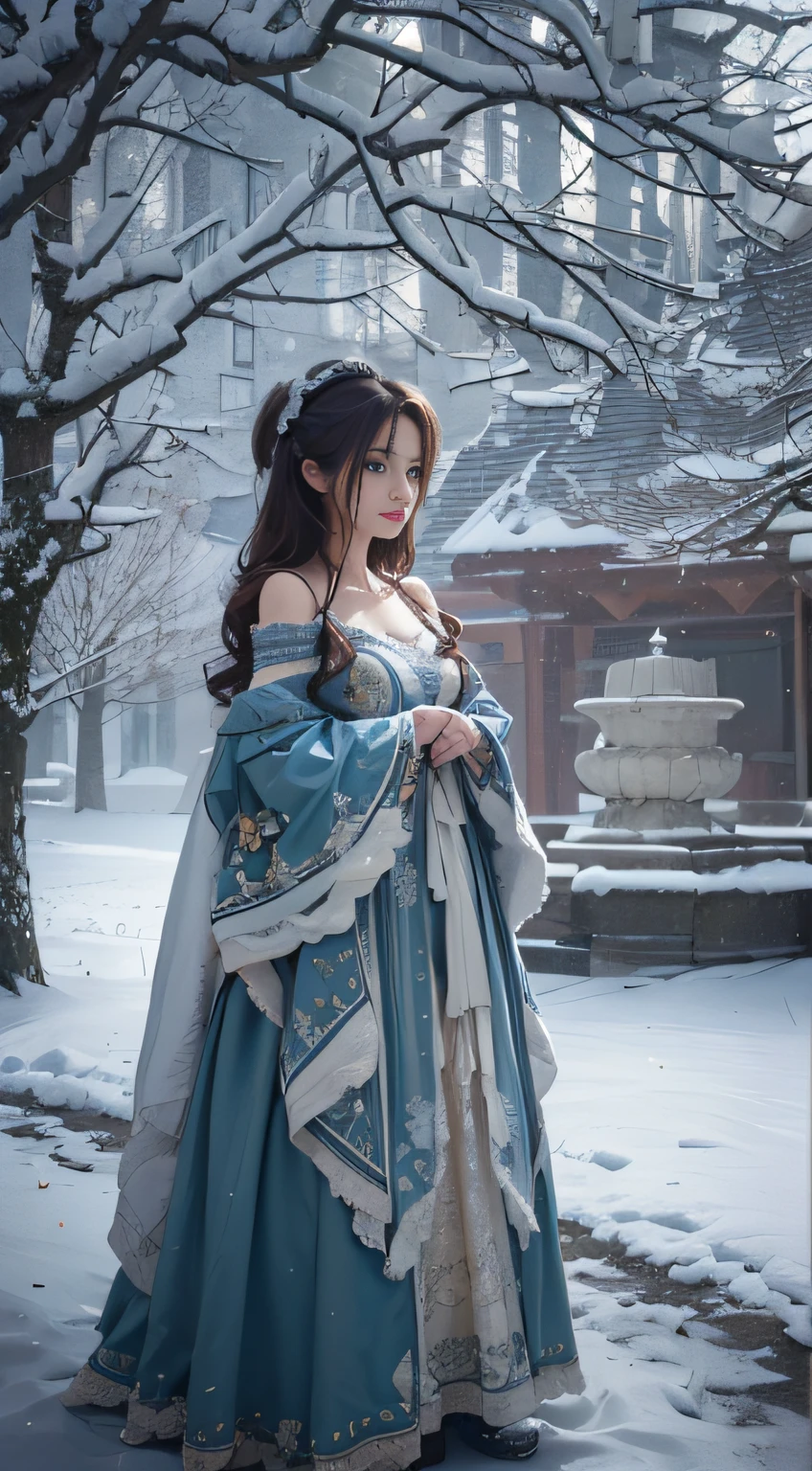 （8K， RAW Photos， best qualtiy， tmasterpiece：1.2），（realisticlying， photos realistic：1.4)，Hide your face with sadness，
Lolita costume，Lace， aerith gainsborough， The upper part of the body，upper limbs， undergarment，exposed bare shoulders， takeout， (Outside，covered in snow，cloaks，) hightquality， adobe lightroom， highdetailskin， looking at viewert，