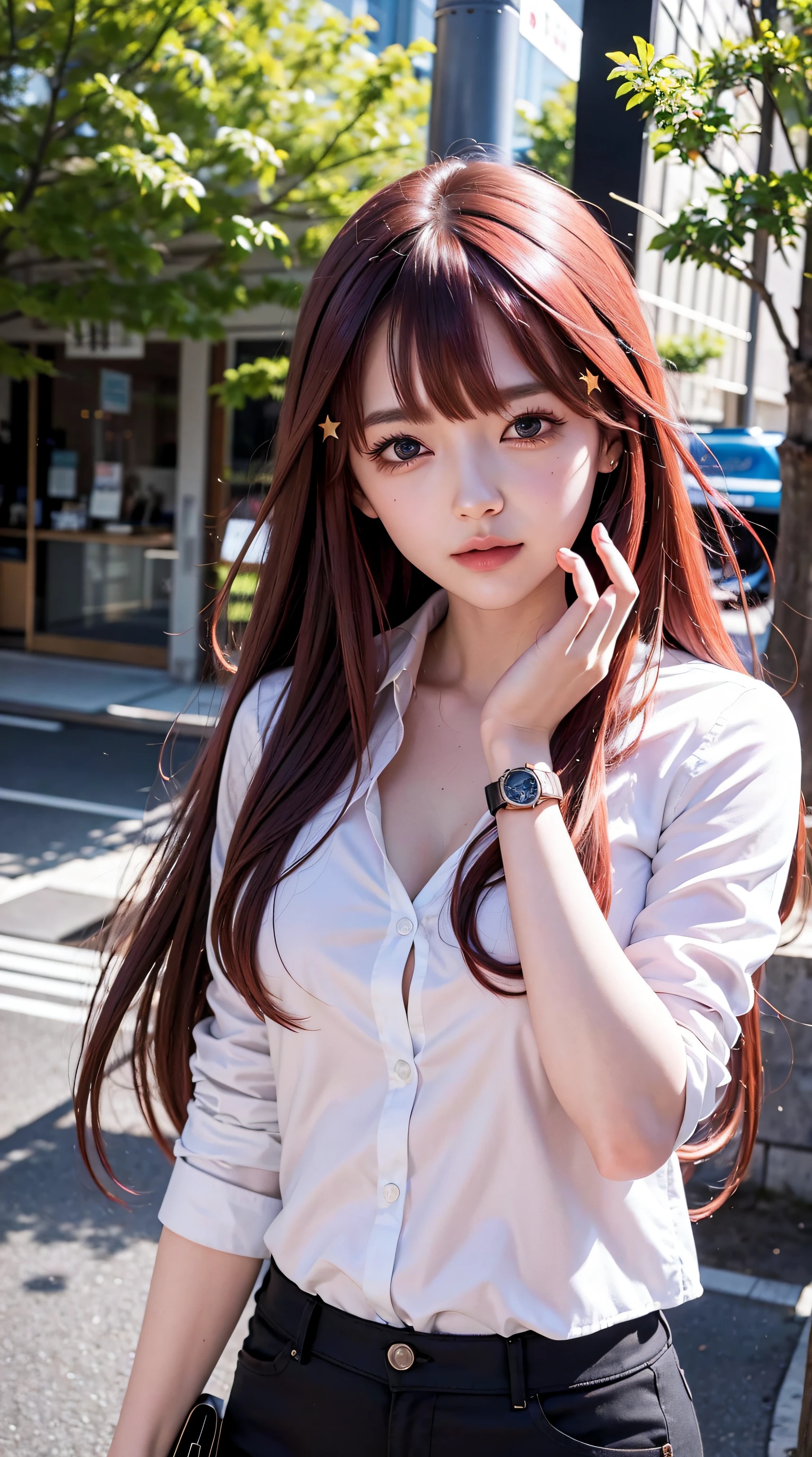 itsuki nakano, bangs, blue eyes, hair between eyes, ahoge, red hair, red hair, star \(symbol\), hair ornament, perfect body, perfect breasts, wearing a white formal shirt, black blazer, black trousers, carrying a bag , wearing a watch, wearing earrings, in public, being in tokyo city, being on the street, looking at the viewer, a slight smile, realism, masterpiece, textured leather, super detailed, high detail, high quality, best quality, 1080p, 16k