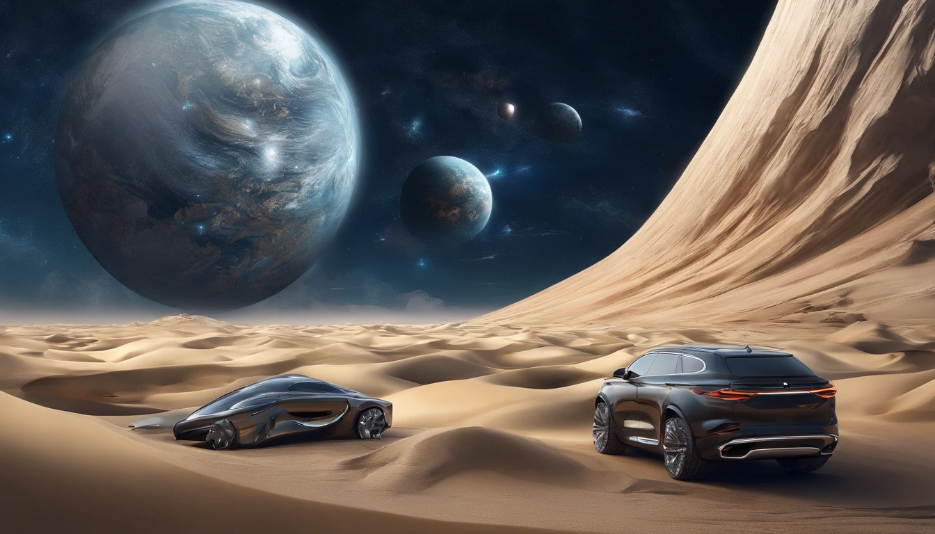 huge planet, the night, starrysky, surrealism, masutepiece, hight resolution、Impressive Milky Way:1.9、sand beach、Vast blue ocean、Blue glacier、lightning bolt:1.9、Protoplanets、Pure beauty