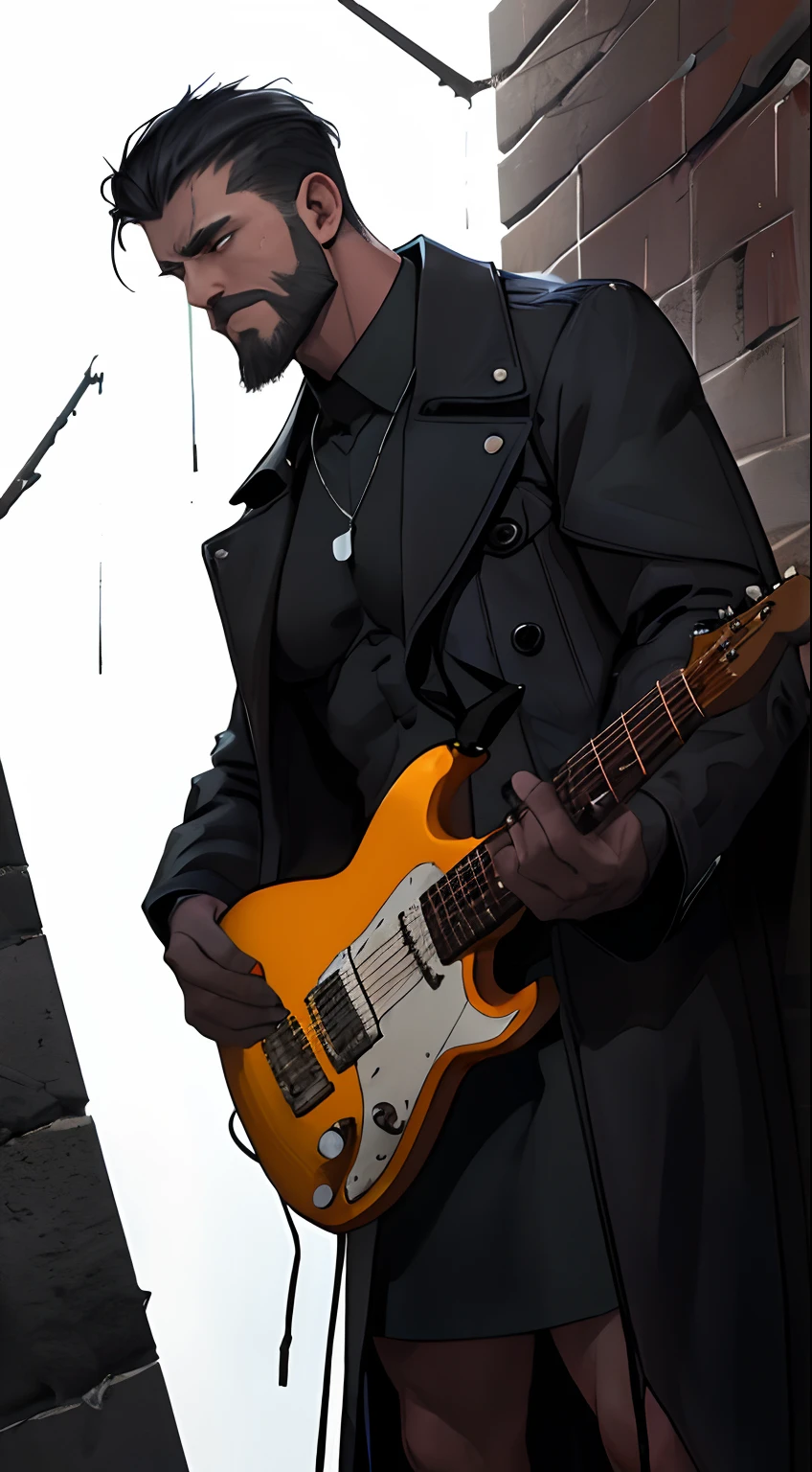 There is a man playing the electric guitar on room of ruin, it rains and smoky, midnight blue neon fog, broken glass flame, bonfire of drums are there, he gets wet in the rain, droplets, gigachad muscles, wearing a shoulder-padded black trench coat, wearing black dress shirt as inner, muscular men , male art, Eric Clapton, Commission for high resolution, Very heavy vignette!!!,hard ,Nothing is worn, slight laugh,veiny muscles,,shaggy lumpy body,Silver Plate Tag Necklace,Dad with extreme muscle mass,Black little long shaved side hair,Cropped beard face, little laugh, Around 50 years old,tanned brown skin,ultra-detailliert,High quality,Realistic and smooth skin texture,Photorealistic Dandy Guy,Light and shadow