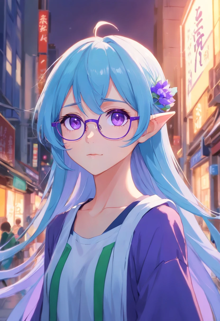 Japanese young elf with long blue hair and purple eyes, wears glasses, looks cute,