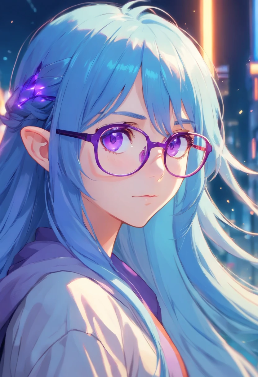 Japanese young elf with long blue hair and purple eyes, wears glasses, looks cute, menino