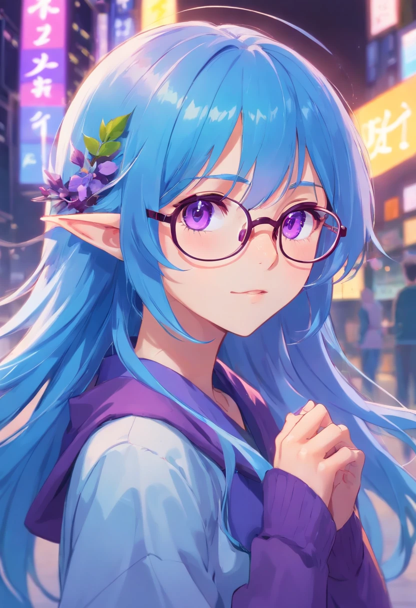 Japanese young elf with long blue hair and purple eyes, wears glasses, looks cute, 