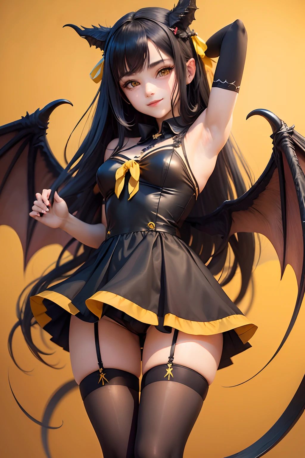 Obra maestra, best quality, succubus, two_wings, ager, long_black_tail_hair, 1girl, yellow_eyes, (lolil), armpit, big_legs, long_socks_thighs, shorts_dress, big_hips, ribbon_hair, stand_up, smile.