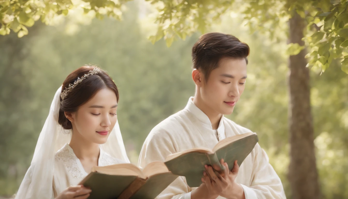 (Best Quality,Ultra-detailed,realisitic:1.37),portrait of a,Korean men and women reading the Bible,Oil Painting,Cathedral attire, View of the cathedral in the distance,Peaceful garden scene,Soft sunlight,tranquil expression,wisdom,Bible Quotes,vibrant colours,delicate brushwork,subtle textures,lush greenery,Contemplative atmosphere,Beautiful picture book,Highlighted features:Eyes in focus,gentle smiling,Graceful posture,Sunlight shining through the trees,rays,Quiet surroundings,serene ambiance,A Blessed Moment