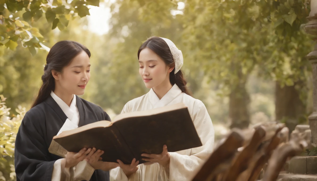 (Best Quality,Ultra-detailed,realisitic:1.37),portrait of a,Korean men and women reading the Bible,Oil Painting,Cathedral attire, View of the cathedral in the distance,Peaceful garden scene,Soft sunlight,tranquil expression,wisdom,Bible Quotes,vibrant colours,delicate brushwork,subtle textures,lush greenery,Contemplative atmosphere,Beautiful picture book,Highlighted features:Eyes in focus,gentle smiling,Graceful posture,Sunlight shining through the trees,rays,Quiet surroundings,serene ambiance,A Blessed Moment