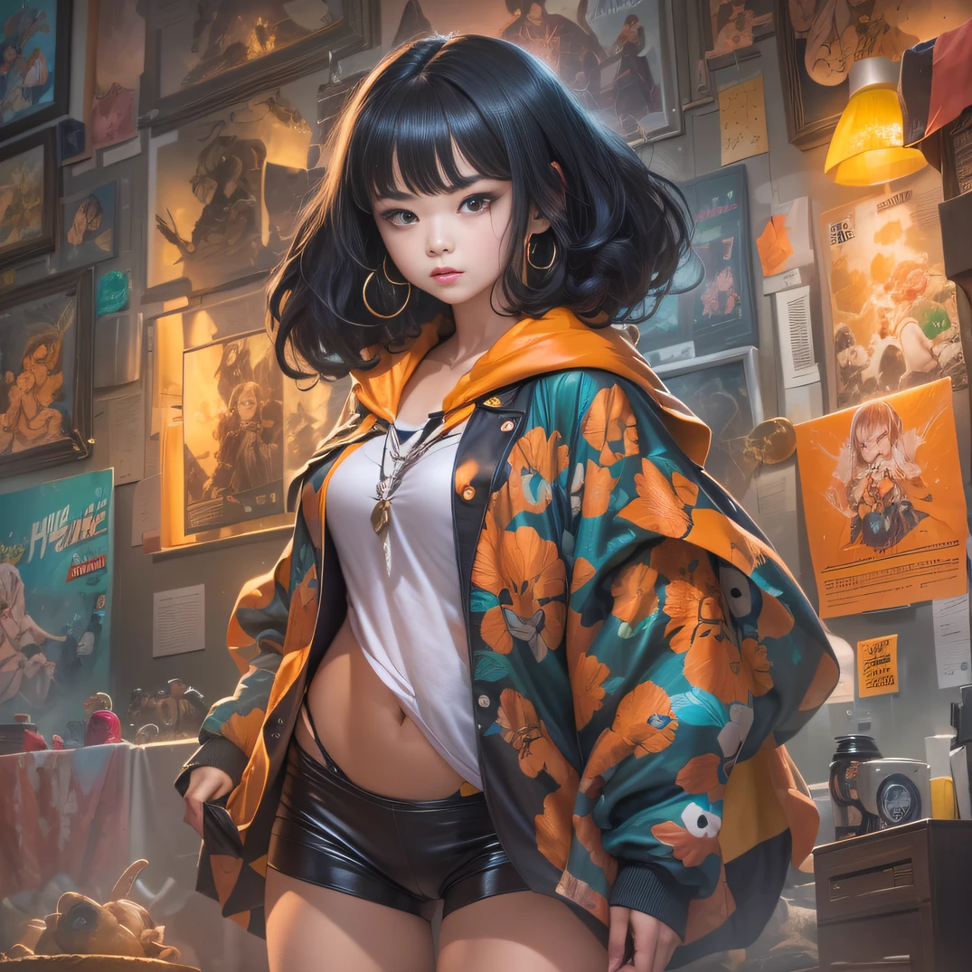 (Girl with bright black hair)(Best quality, A high resolution, Vivid colors, (Cartoon Goddess), (comic strip))Forged hammer pattern,belly-bar,Sweatshirt,Safety pants,oguchi,sedate,massiness,Shiny and warm,Flowing silk cape