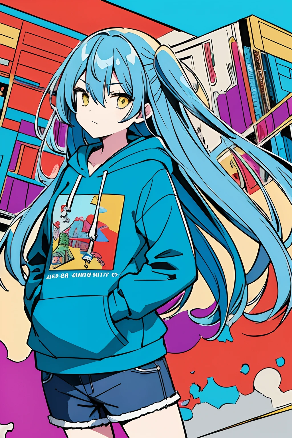 (masterpiece:1.3), (the best quality:1.2), (super fine illustrations:1.2), (Masterpiece), high quality, high detail, ((unparalleled masterpiece, best quality, perfect artwork)),
high contrast, flat color, splashes of color, colors mashing, Colorful paint explosion pattern, explosion background, broken colorful glass,
fall in city, heavy rain, block of water, noon city, big explosion,
falling girl, long hair, medium breasts size, blue hair, yellow eyes, looking at another,
[(pale blue background:1.1)::5], [(game character portrait:1.2):5], (falling over:1.2), falling down, (tripped), {hands hidden}, {{{hands in pockets}}},{{hands in sleeves}}
stumble, from side, hoodie, jeans, make hands close, 
colorful color here and there,  Colorful paint explosion pattern,
strange sky,
(illustration:1.2), very wide shot, (line drawing:1.2), {{only five fingers}}