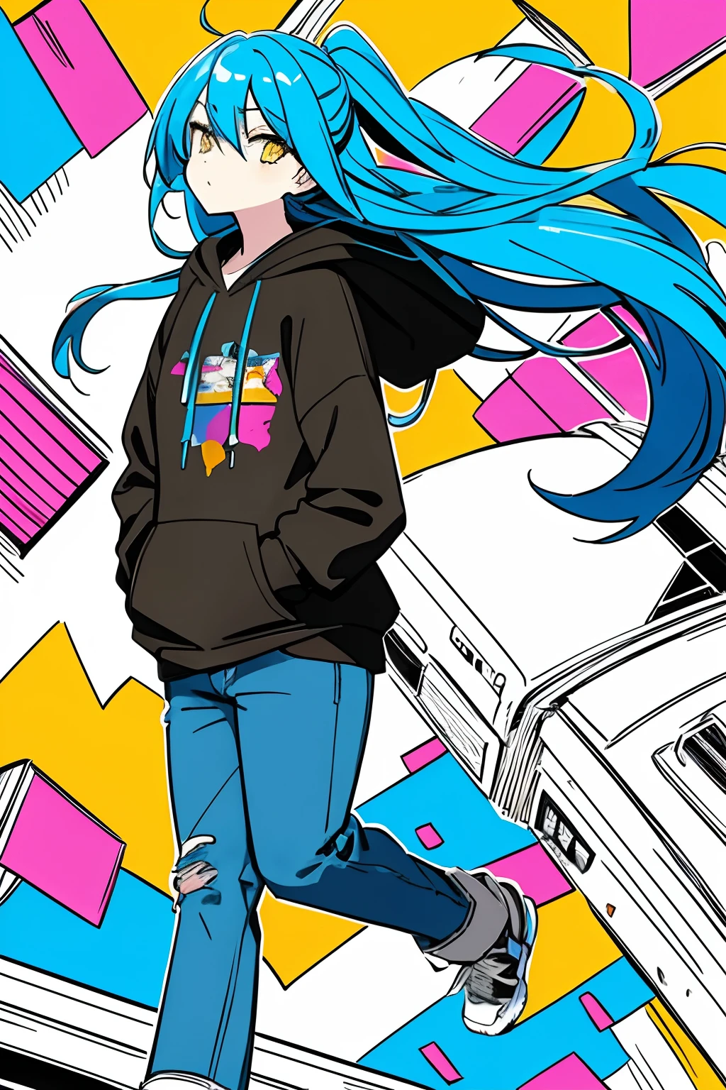 (masterpiece:1.3), (the best quality:1.2), (super fine illustrations:1.2), (Masterpiece), high quality, high detail, ((unparalleled masterpiece, best quality, perfect artwork)),
high contrast, flat color, splashes of color, colors mashing, Colorful paint explosion pattern, explosion background, broken colorful glass,
fall in city, heavy rain, block of water, noon city, big explosion,
falling girl, long hair, medium breasts size, blue hair, yellow eyes, looking at another,
[(pale blue background:1.1)::5], [(game character portrait:1.2):5], (falling over:1.2), falling down, (tripped), {hands hidden}, {{{hands in pockets}}},{{hands in sleeves}}
stumble, from side, hoodie, jeans, make hands close, 
colorful color here and there,  Colorful paint explosion pattern,
strange sky,
(illustration:1.2), very wide shot, (line drawing:1.2), {{only five fingers}}