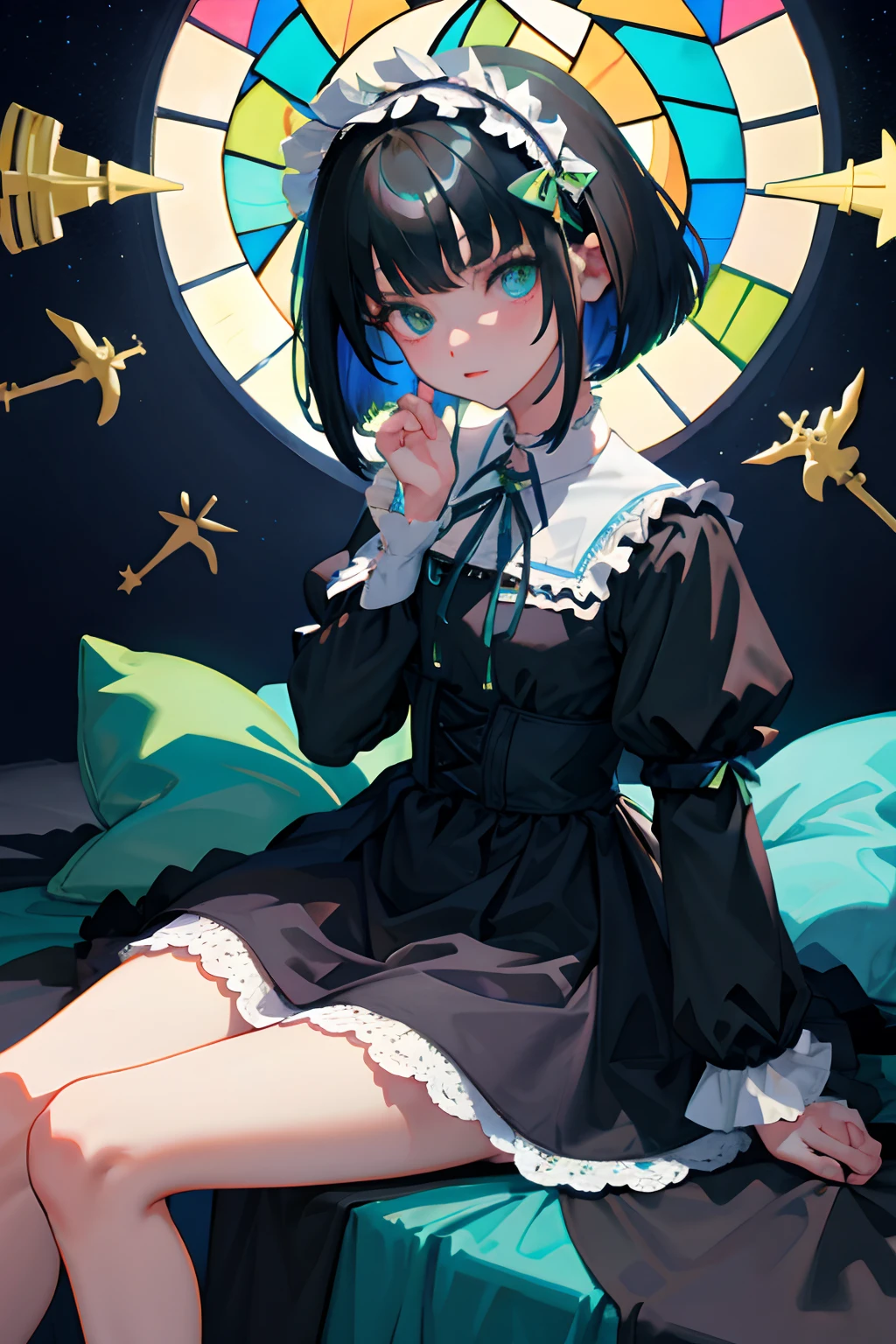 hand between legs,child,(masterpiece,Highest Quality),shortsleeves,Blue-green Gothic Lolita,A dark-haired,Medium bob,nighttime scene,chies,stain glass