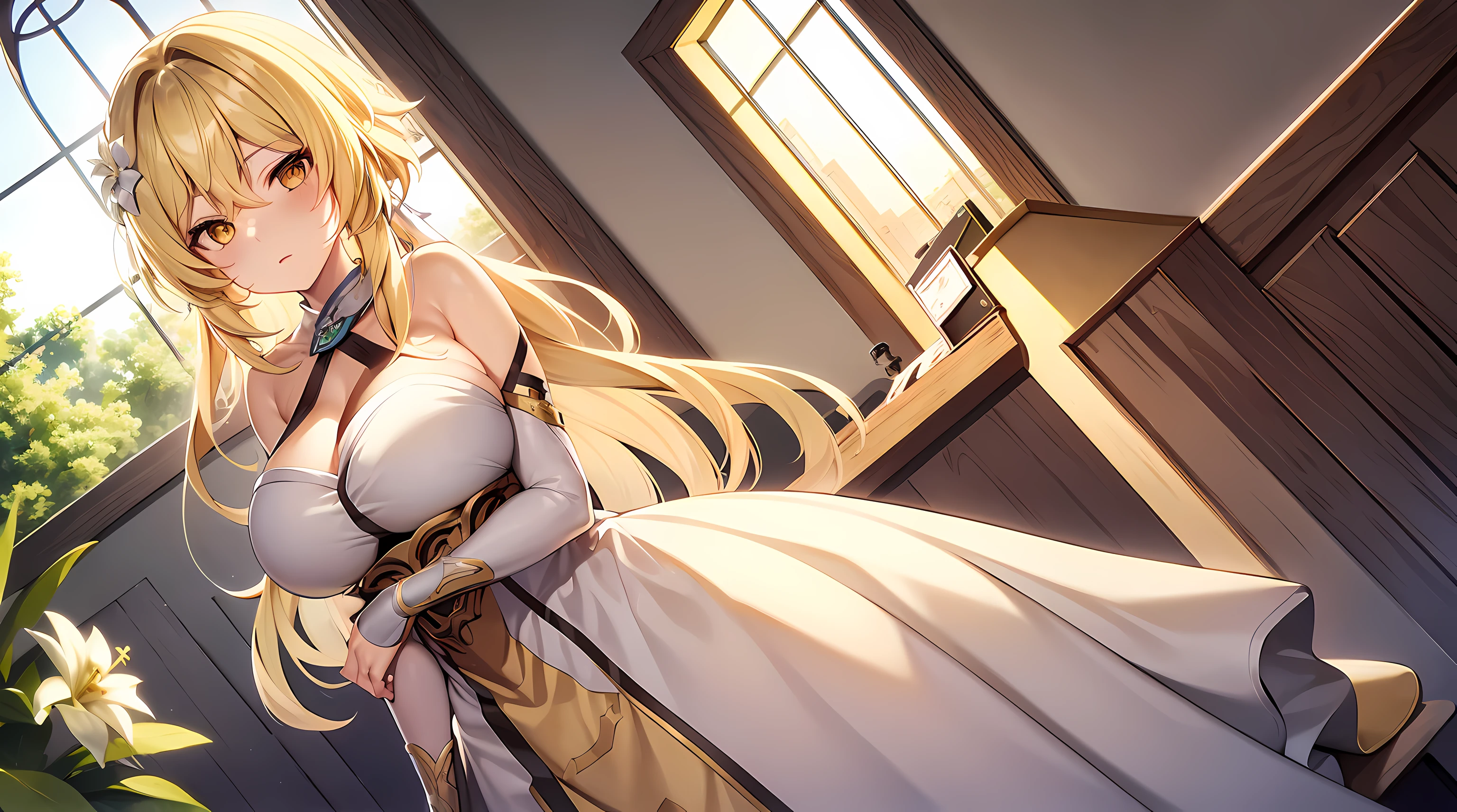 lumine, blonde hair, yellow eyes, hair ornament, dress, city, fullbody, huge breasts, sit on chair, looking away, faceless, bird flying, day, window, inside house