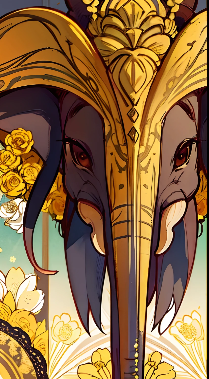 elephants，Dali flower，golden colored，high-quality wallpaper