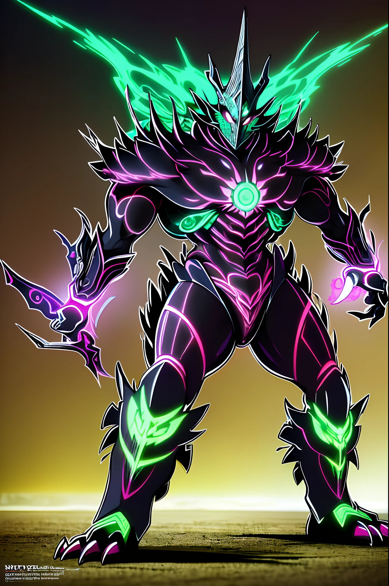 A weird, bizarre sentai monster standing solo in an otherworldly landscape. Medium: detailed and vibrant digital illustrations, resembling concept art. Additional details include intricate and unique armor design, glowing eyes, sharp claws, and a menacing presence. The image quality should be (best quality, 4k, 8k, highres, masterpiece:1.2), ultra-detailed, and (realistic, photorealistic, photo-realistic:1.37) with vivid colors. The art style should have a sci-fi element with a touch of dark and surreal aesthetics. The color tone should lean towards the colder side, with a mix of neon lights and eerie shadows. Light should be focused on highlighting the monster's menacing appearance while simultaneously creating an otherworldly atmosphere in the background.