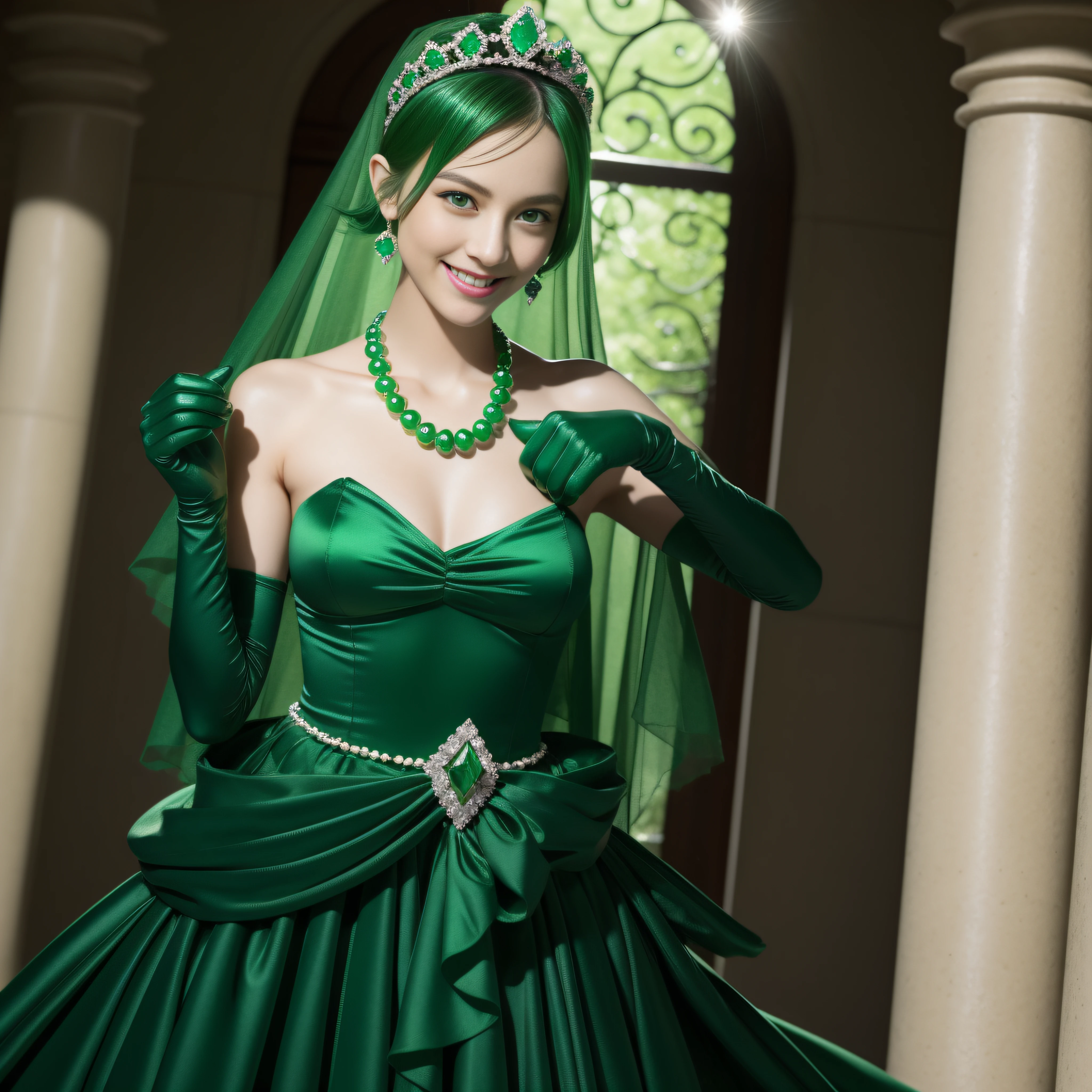 emerald tiara, Green Pearl Necklace, Boyish very short green hair, lipsticks, Japan woman smiling, very short short hair, big breasts beautiful, Green eyes, Long green gloves made of satin material, Green eyes, Emerald Earrings