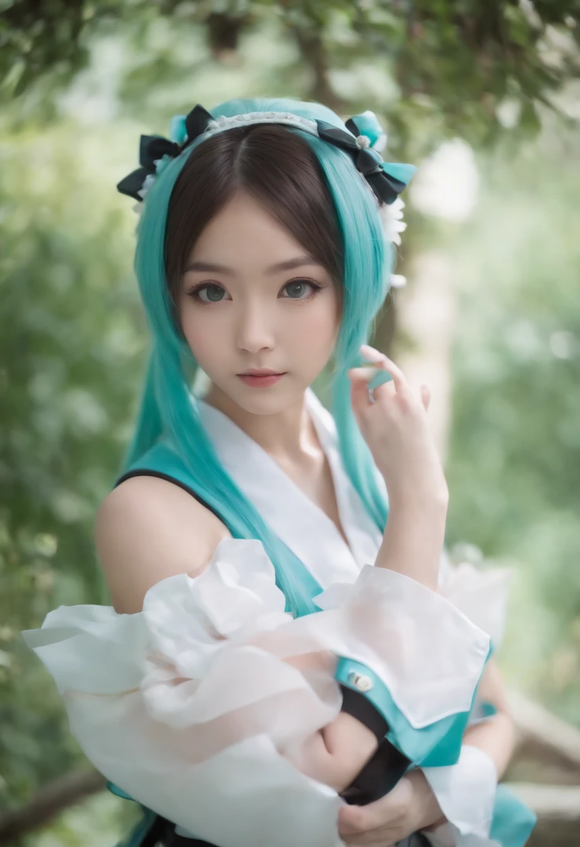 japanese girl, hatsune miku cosplay, cute -FACED japanese girl, cute face, cute maid outfit