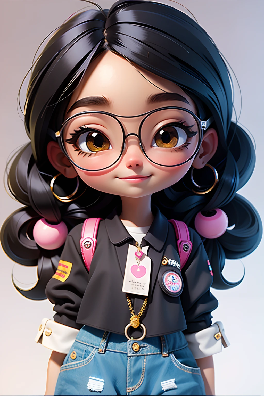 Loli cute girl Negra, hair stuck, Loose hair, Modern accessories , eye glass, A detailed eye, detailed smile, Detaileddetails, holograph,  Clear and simple background