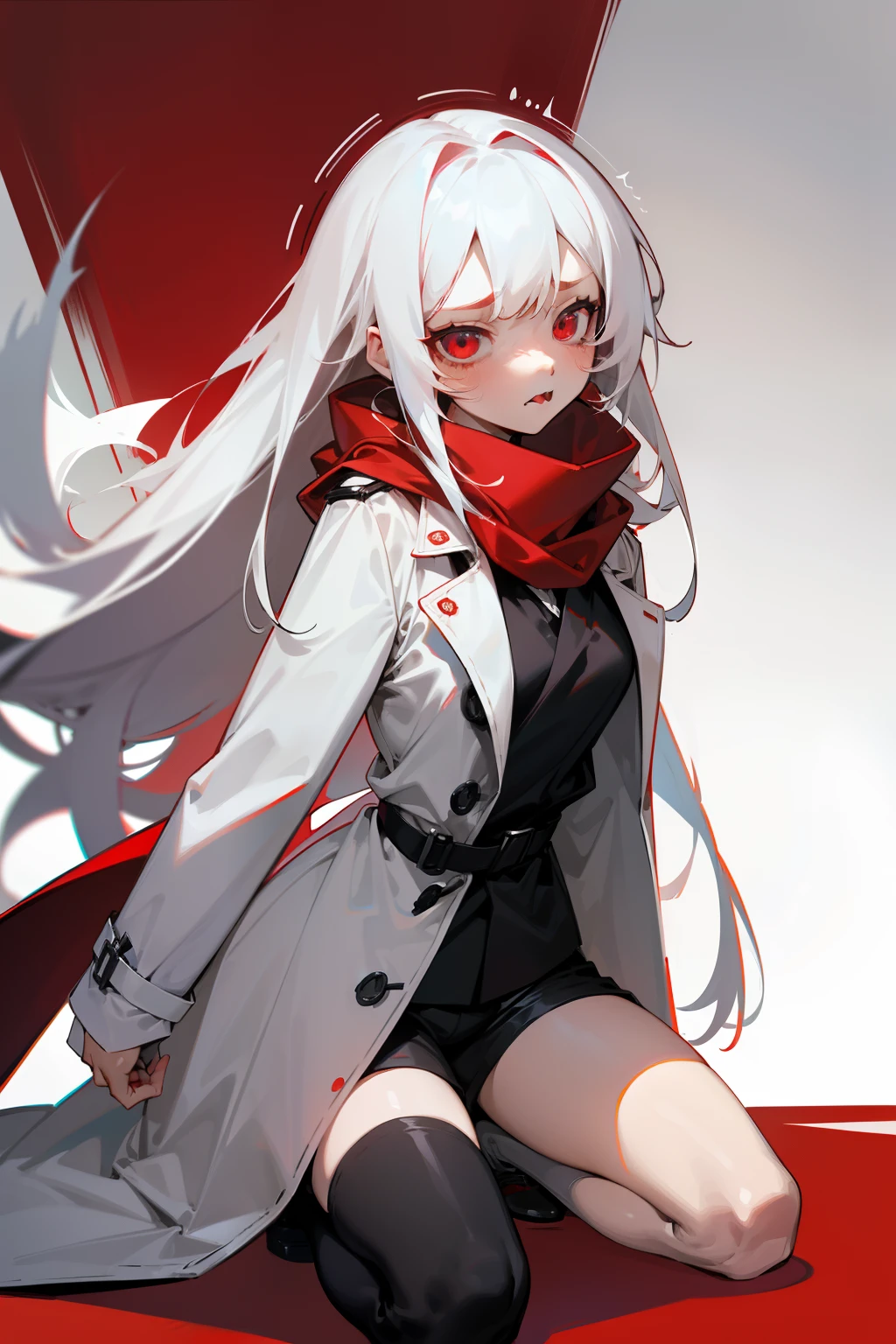 girl,red color eyes,long white hair,Black shirt,White trench coat,Wide sleeves,Red scarf,style of anime,Cuts all over the body,gasps,Do your best to roll your eyes,Stick out your tongue,Trembling and kneeling,Loss of consciousness,Ultra shorts,Flushed face