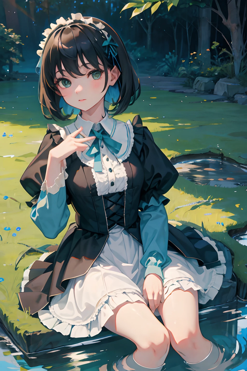 hand between legs,child,(masterpiece,Highest Quality),shortsleeves,Blue-green Gothic Lolita,Pasture,A dark-haired,playing in the water,early evening