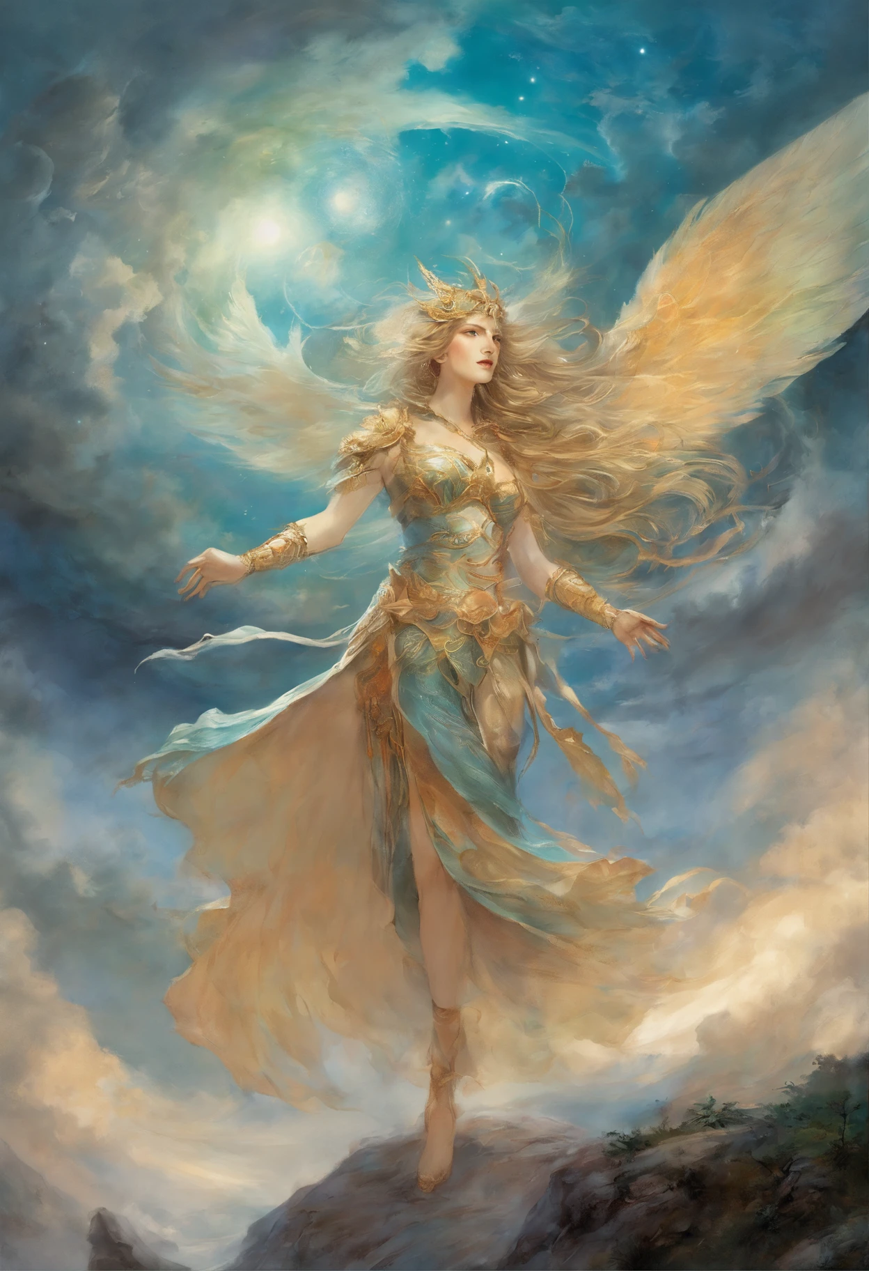 ((melhor qualidade)), ((obra-prima)), (detalhado), ((nua)), succubus sedutora, ethereal beauty, empoleirada em uma nuvem, (Fantasy Illustration: 1.3), olhar encantador, pose cativante, asas delicadas, charme sobrenatural, mystical sky, (Luis Royo:1.2), (Yoshitaka Amano:1.1), noite de luar, cores suaves, (paisagem de nuvens detalhada:1.3), (alta resolução:1.2)