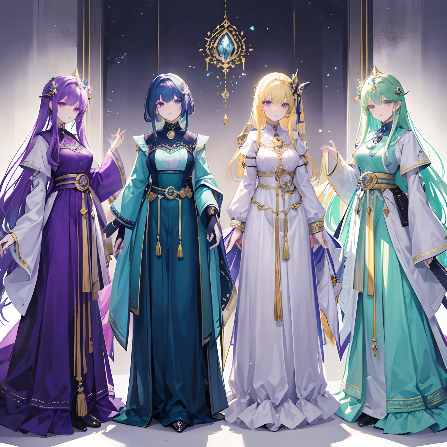 4 people standing next to each other, all are regal people, one is a Capricorn girl with a green aura, another are 2 cancer girl twinsl with a blue aura and the last one is a virgo girl with a purple aura
