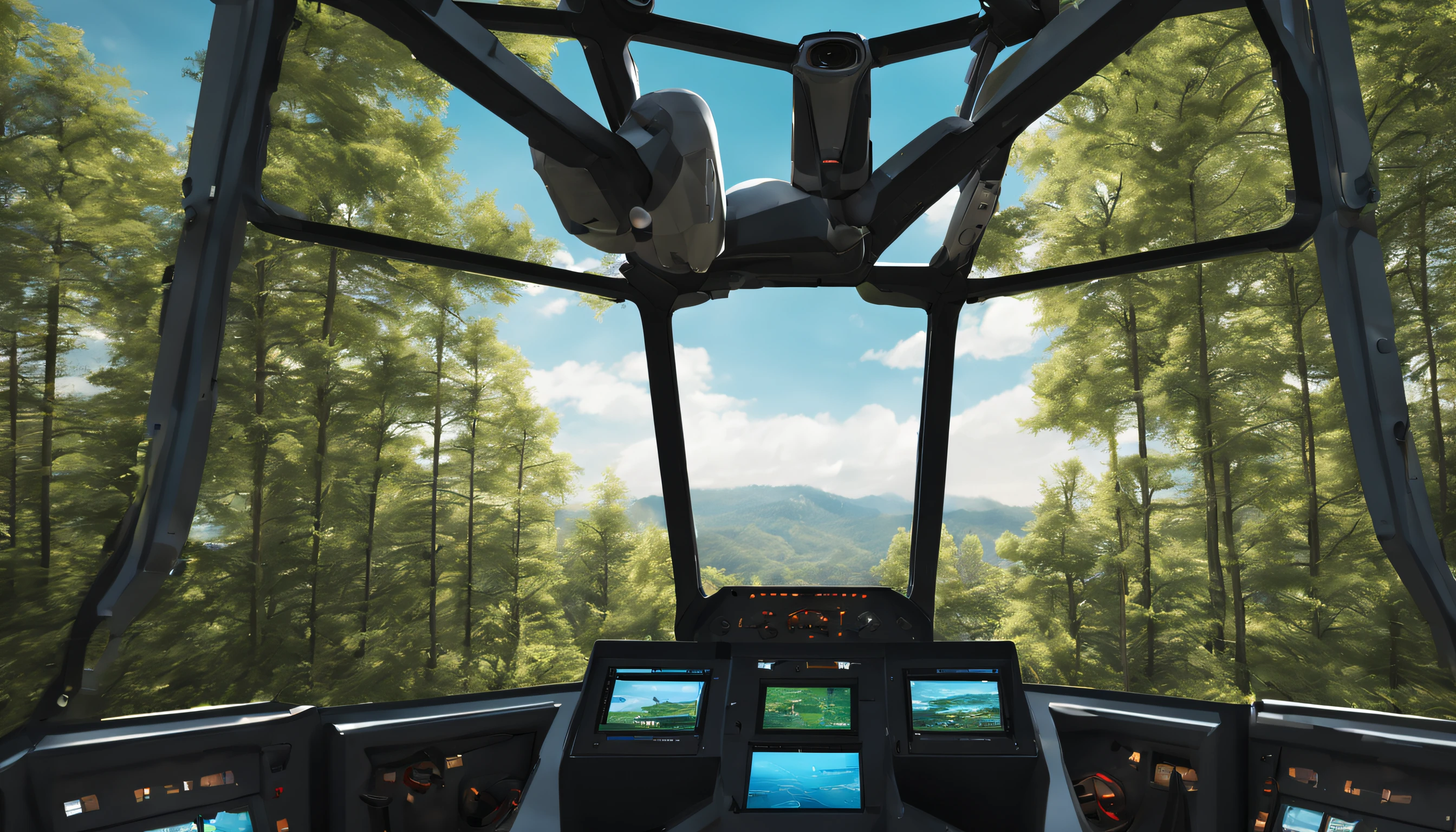 Create a high-resolution digital image depicting a drone control cabin located in a clearing near a dense forest. The cabin should be futuristic and technologically advanced, with sophisticated control panels and bright indicator lights. The surroundings of the cabin should be natural and lush, with tall trees, dense vegetation, and a clear blue sky with scattered clouds. The drone should be parked next to the cabin, ready to take off, with its propellers spinning slowly. The scene should convey a sense of harmony between modern technology and untouched nature, capturing the interaction between man and machine in a natural environment.