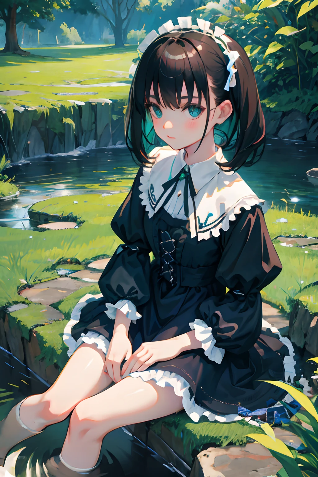 hand between legs,,(masterpiece,Highest Quality),shortsleeves,Blue-green Gothic Lolita,Pasture,A dark-haired,playing in the water