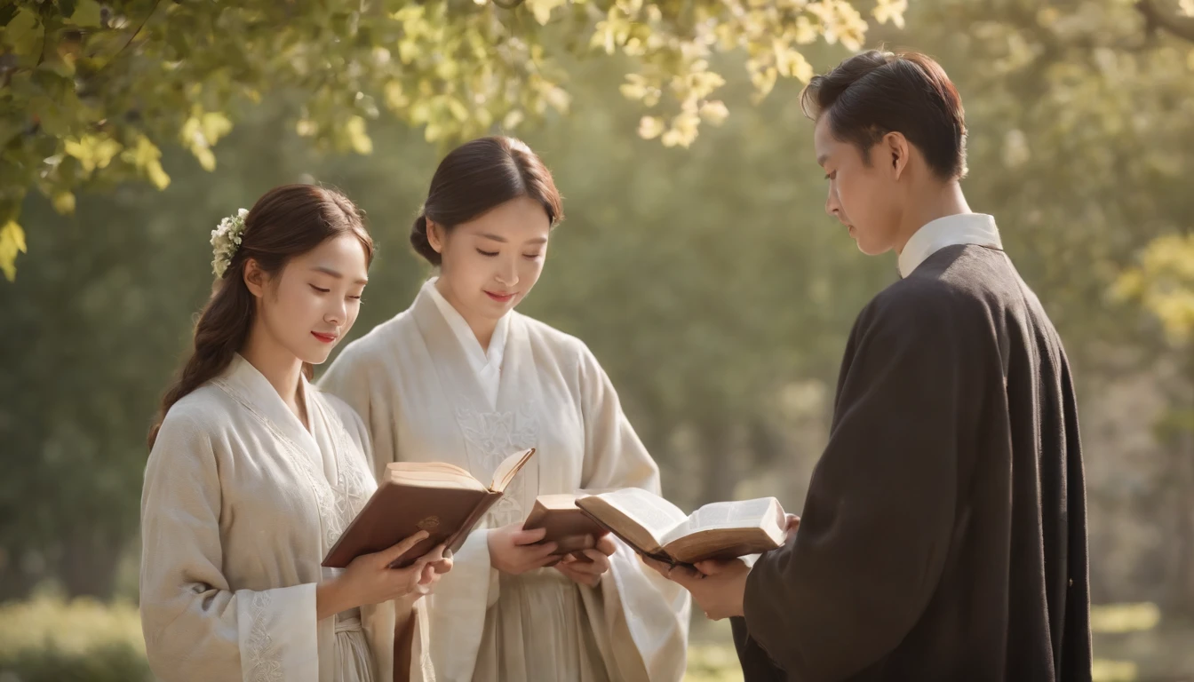 (Best Quality,Ultra-detailed,realisitic:1.37),portrait of a,Korean men and women reading the Bible,Oil Painting,Cathedral attire, View of the cathedral in the distance,Peaceful garden scene,Soft sunlight,tranquil expression,wisdom,Bible Quotes,vibrant colours,delicate brushwork,subtle textures,lush greenery,Contemplative atmosphere,Beautiful picture book,Highlighted features:Eyes in focus,gentle smiling,Graceful posture,Sunlight shining through the trees,rays,Quiet surroundings,serene ambiance,A Blessed Moment