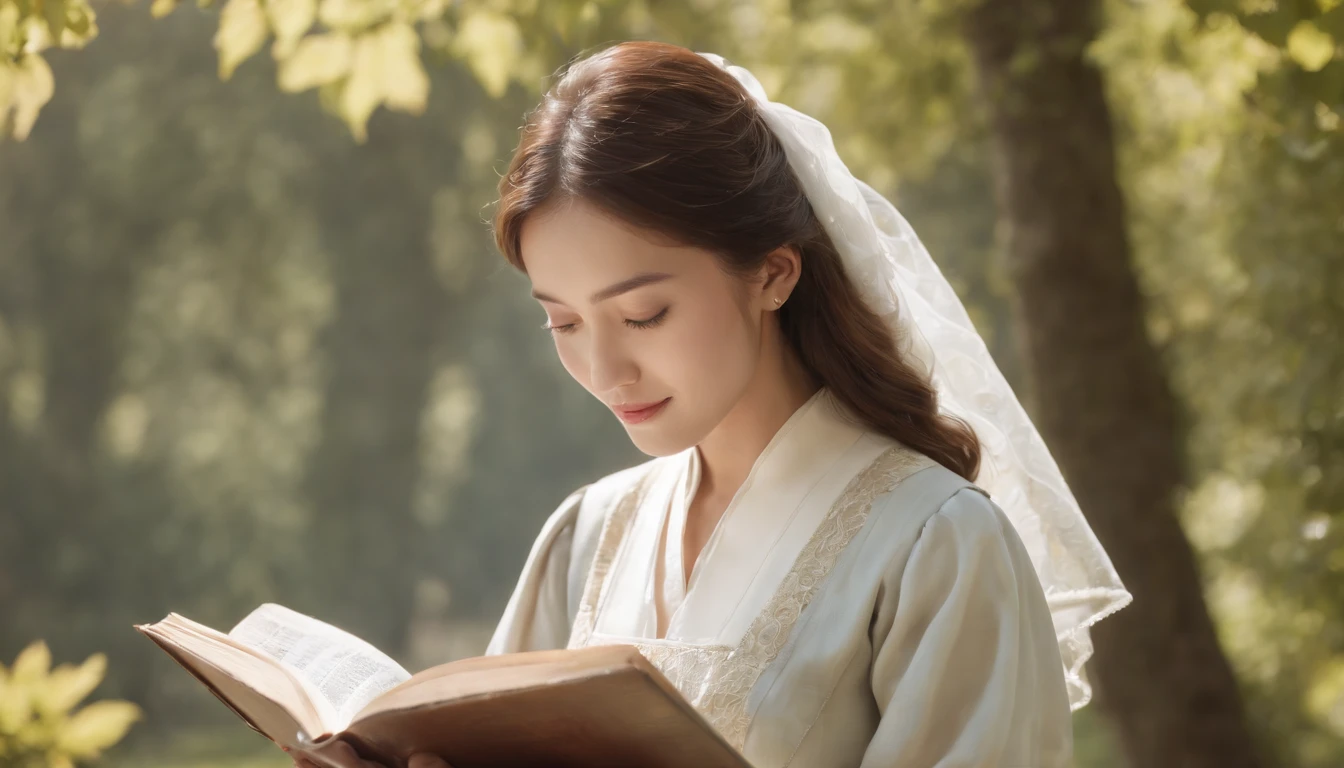 (Best Quality,Ultra-detailed,realisitic:1.37),portrait of a,Korean men and women reading the Bible,Oil Painting,Cathedral attire, View of the cathedral in the distance,Peaceful garden scene,Soft sunlight,tranquil expression,wisdom,Bible Quotes,vibrant colours,delicate brushwork,subtle textures,lush greenery,Contemplative atmosphere,Beautiful picture book,Highlighted features:Eyes in focus,gentle smiling,Graceful posture,Sunlight shining through the trees,rays,Quiet surroundings,serene ambiance,A Blessed Moment