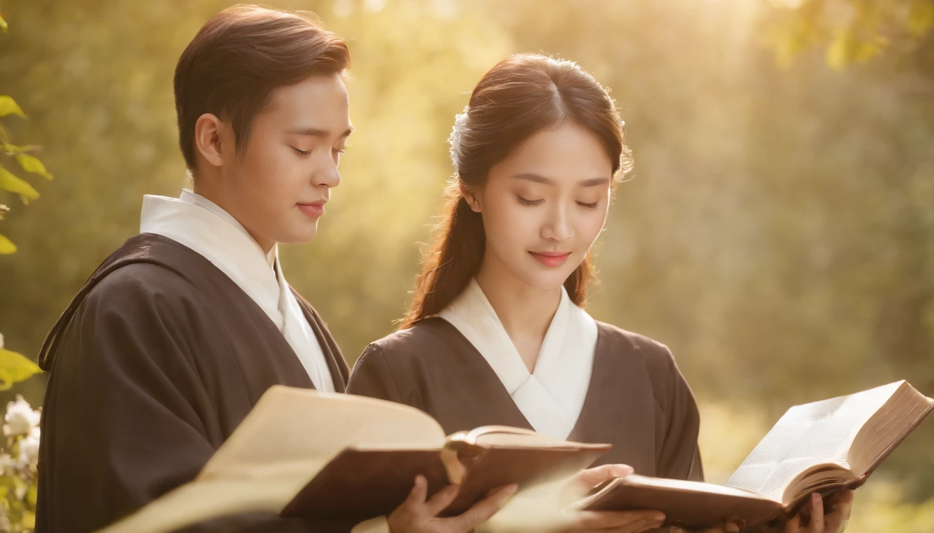 (Best Quality,Ultra-detailed,realisitic:1.37),portrait of a,Korean men and women reading the Bible,Oil Painting,Cathedral attire, View of the cathedral in the distance,Peaceful garden scene,Soft sunlight,tranquil expression,wisdom,Bible Quotes,vibrant colours,delicate brushwork,subtle textures,lush greenery,Contemplative atmosphere,Beautiful picture book,Highlighted features:Eyes in focus,gentle smiling,Graceful posture,Sunlight shining through the trees,rays,Quiet surroundings,serene ambiance,A Blessed Moment