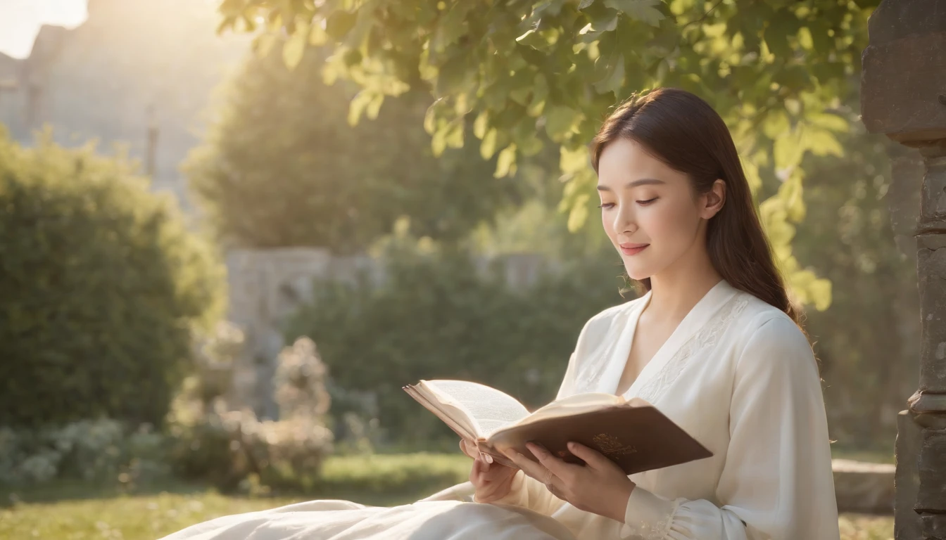 (Best Quality,Ultra-detailed,realisitic:1.37),portrait of a,Korean men and women reading the Bible,Oil Painting,Cathedral attire, View of the cathedral in the distance,Peaceful garden scene,Soft sunlight,tranquil expression,wisdom,Bible Quotes,vibrant colours,delicate brushwork,subtle textures,lush greenery,Contemplative atmosphere,Beautiful picture book,Highlighted features:Eyes in focus,gentle smiling,Graceful posture,Sunlight shining through the trees,rays,Quiet surroundings,serene ambiance,A Blessed Moment