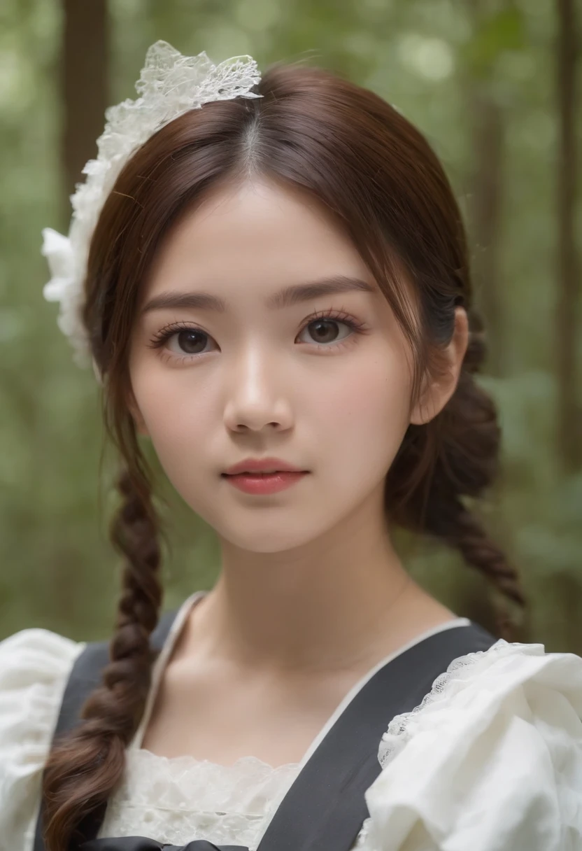 japanese girl, in forest, cute -FACED japanese girl, cute face, cute maid outfit, in daylight