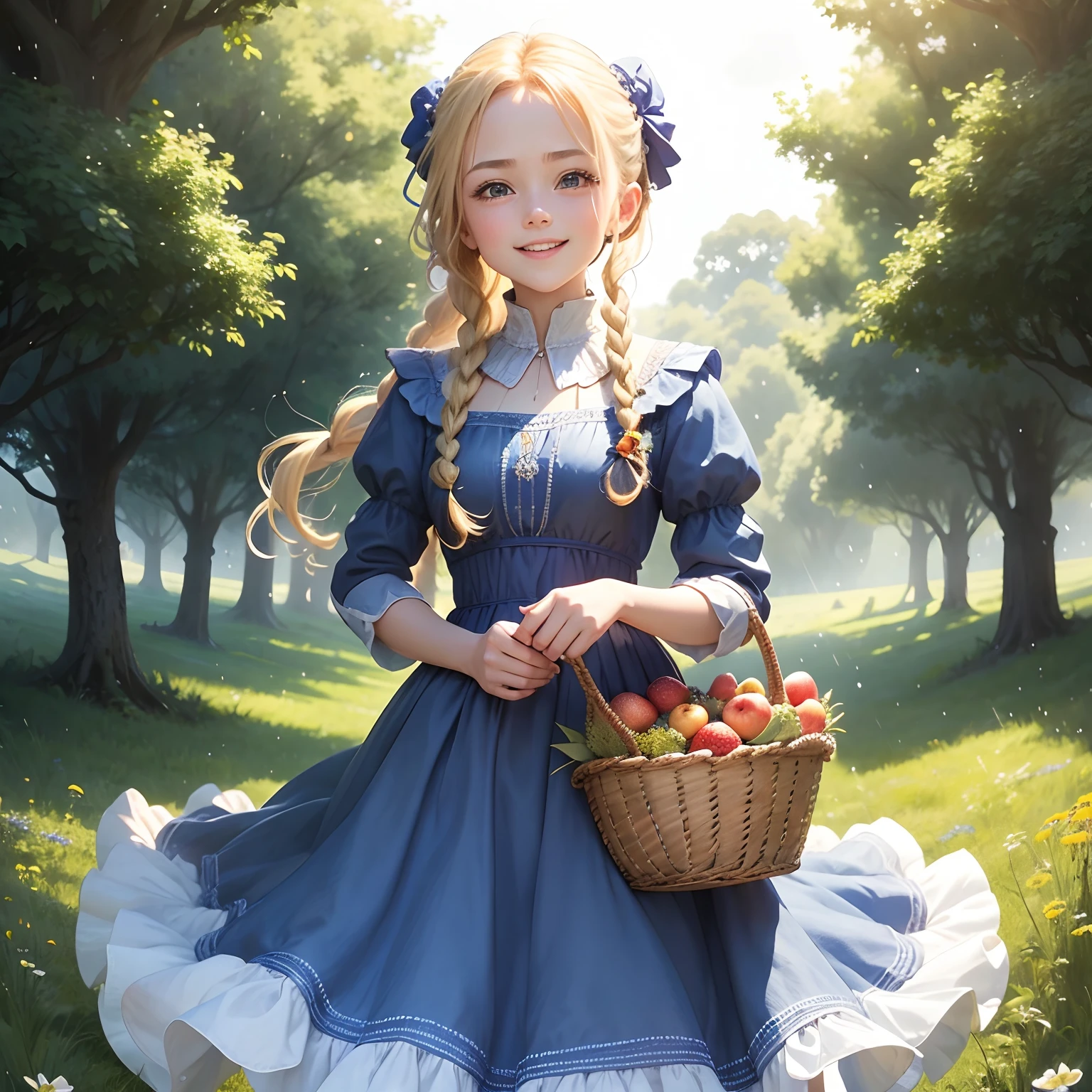finest image, cute female, pick the fruits and put them in the basket, laugh, happy, shy, light blonde glossy updo braided iridescent hair style, sparkling blue big eyes, great proportion, medieval dress, background meadow on the hill, clear skies, sun and sunlight, rain and raindrops, professional lighting