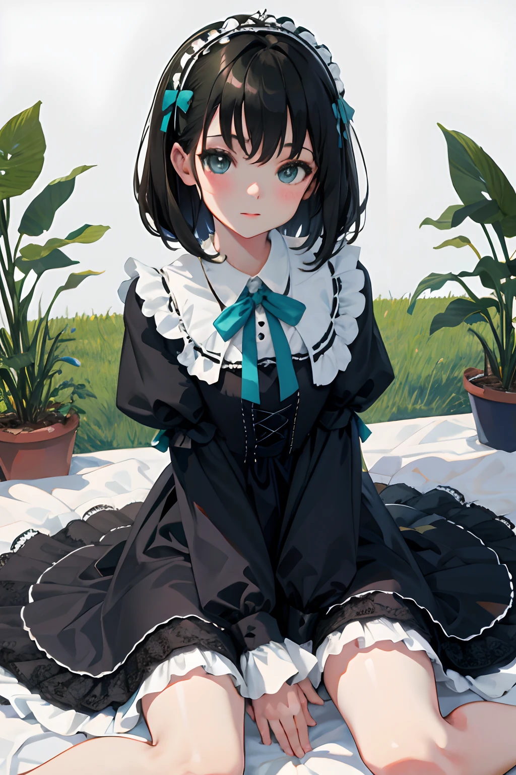 hand between legs,,(masterpiece,Highest Quality),shortsleeves,Blue-green Gothic Lolita,Pasture,A dark-haired