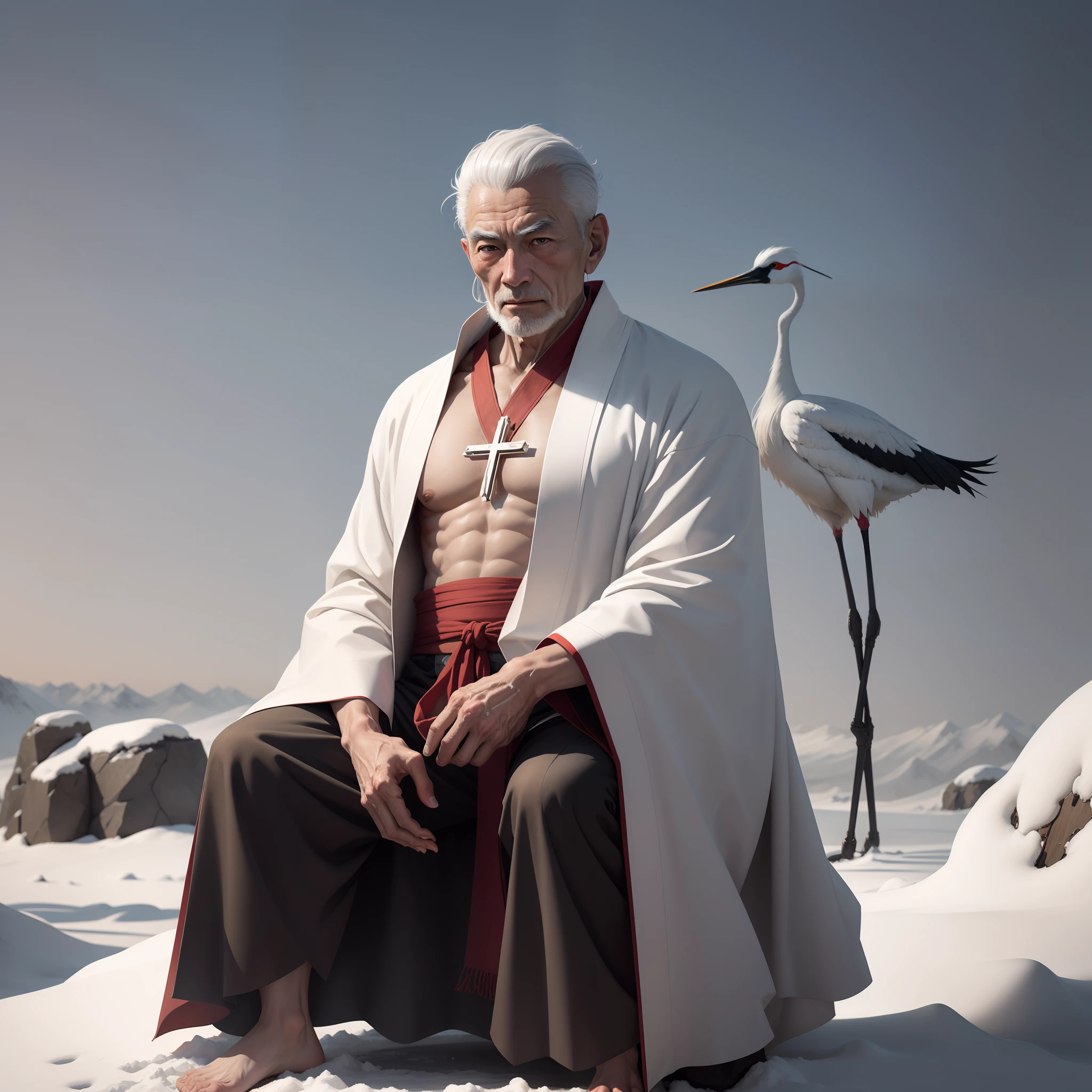 The top of Kunlun，A pale man with gray hair，An old man in a white Taoist robe sits cross-legged in the wind and snow，A crane stood beside him