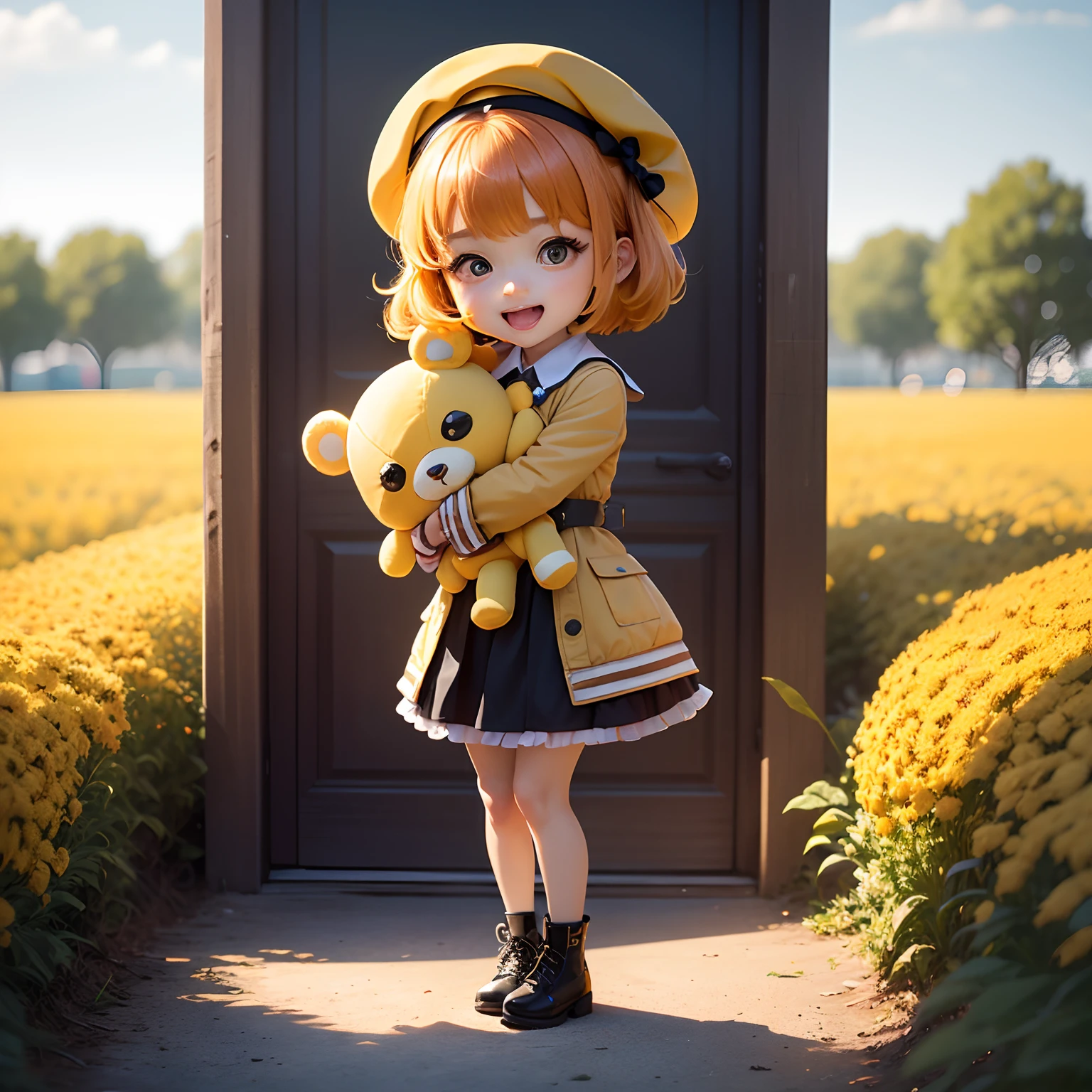 ​masterpiece、top-quality、ultra-detailliert、(Chibi Chara's Daughter:1.2)、Open your mouth and smile、Orange hair color、Yellow beret、Vitamin color、wraith、Orange and yellow Marguerite field、Dragging stuffed animals、Hugging a yellow stuffed animal、Standing、