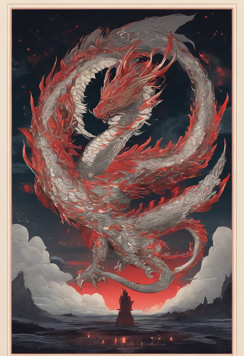 Create a spectacular high-resolution work of art that brings to life a dragon inspired by Chinese mythology, incorporando elementos tradicionais chineses e uma aura de feroz majestade. Imagine a gigantic and imposing dragon, with red and black scales that glow like obsidian in the moonlight. Your body is meandering and powerful, curling around mountain peaks and spiraling into the night sky.

The dragon's eyes are intense, brilhando em um vermelho ardente, irradiando sabedoria ancestral e poder infinito. Suas garras afiadas agarram as rochas abaixo, while its majestic tail stretches across the scenery, creating intricate patterns on the floor.

The dragon is in the middle of an impressive scene: golden flames dance around you, criando um contraste impressionante com seu corpo escuro e escamas vermelhas brilhantes. The moonlight casts a silvery glow over the scales, highlighting every detail of its magnificent form.， VFX surreal altamente detalhado，oc renderizado，