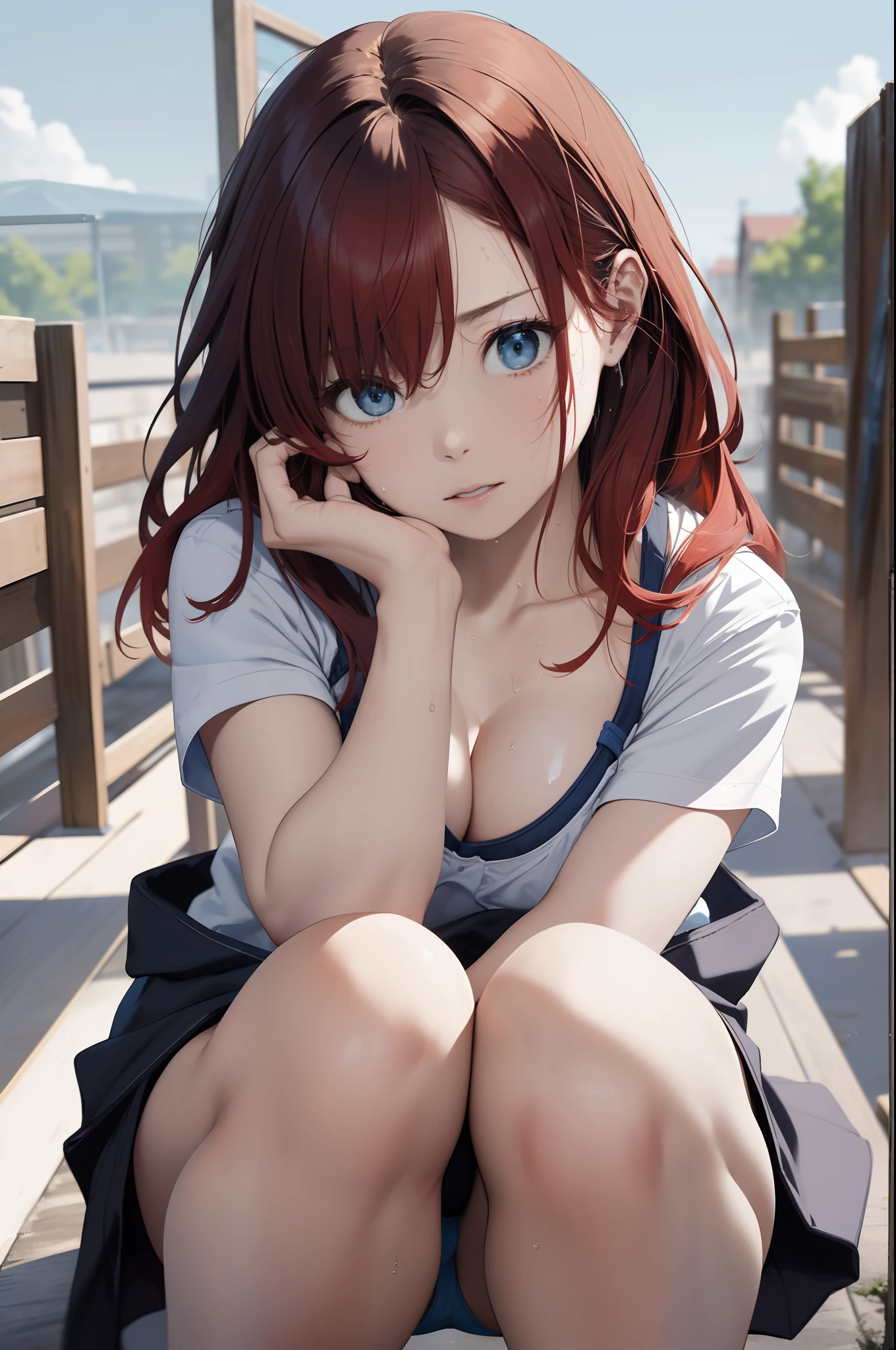 The upper part of the body、an oil painting、masterpiece、top-quality、hight resolution、Red hair、Tired hands on your knees、cleavage of the breast、distressed face、Sweaty skin、school ground、blue-sky、tiny chest、Light blue underwear
