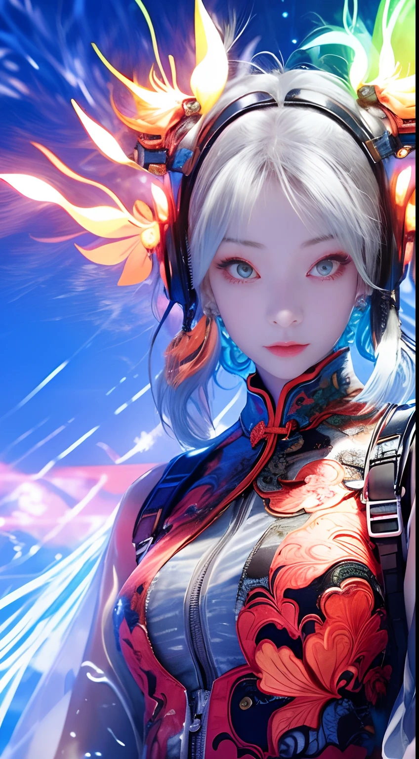 1 girl, Chinese_clothes, liquid silver and orange, cyberhan, cheongsam, cyberpunk city, dynamic pose, detailed luminous headphones, glowing hair accessories, long hair, glowing earrings, glowing necklace, cyberpunk, high-tech city, full of mechanical and futuristic elements, futuristic, technology, glowing neon, orange, orange light, transparent tulle, transparent streamers, laser, digital background urban sky, big moon, with vehicles, best quality, masterpiece, 8K, character edge light, Super high detail, high quality, the most beautiful woman in human beings, micro smile, face facing front and left and right symmetry, ear decoration, beautiful pupils, light effects, visual data, silver white hair, super detail facial texture