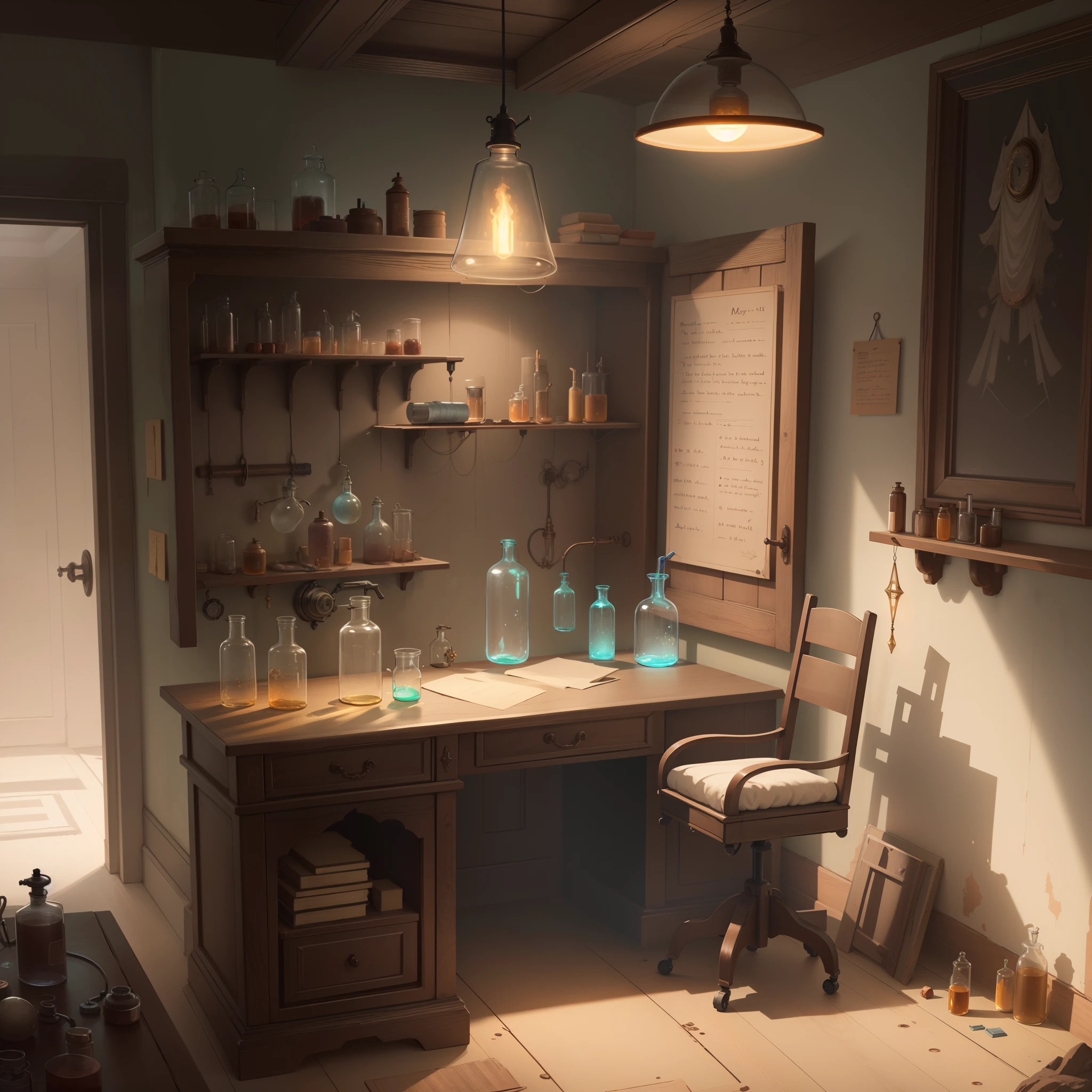 room with desk and chair, fantasy alchemist laboratory, magic laboratory setting, mysterious laboratory, steampunk laboratory, magic lab background, wizards laboratory, surreal sci fi set design, science fantasy painting, 8k high detail concept art, alchemy laboratory, highly detailed matte painting, realistic fantasy render, surrealism 8k,