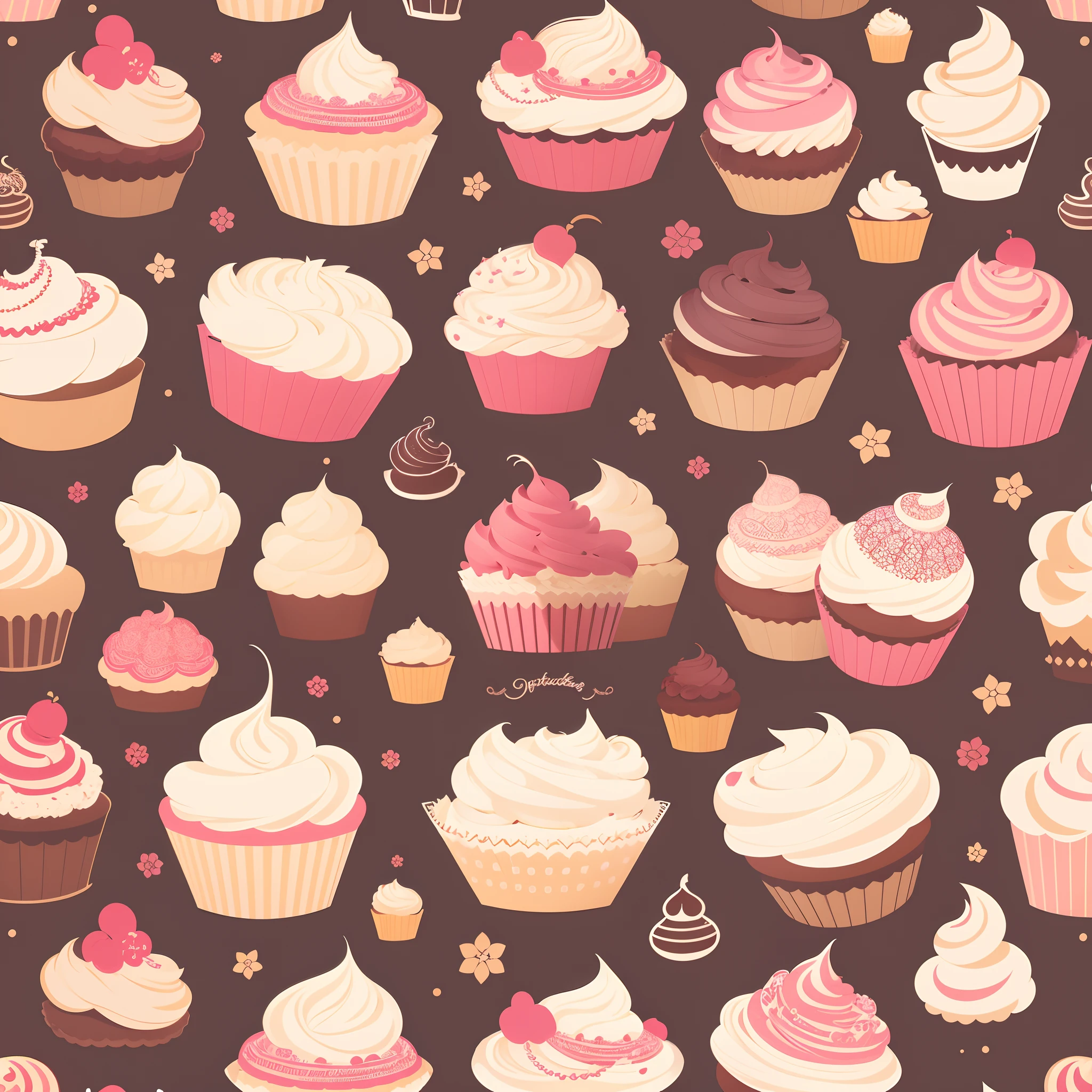cupcakes on a white background, vector art, repeating pattern, wallpaper, intricate patter
