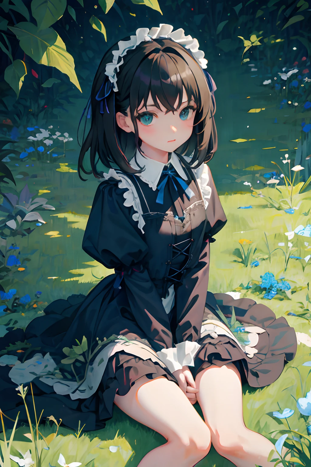 hand between legs,,(masterpiece,Highest Quality),Blue-green Gothic Lolita,Pasture,A dark-haired